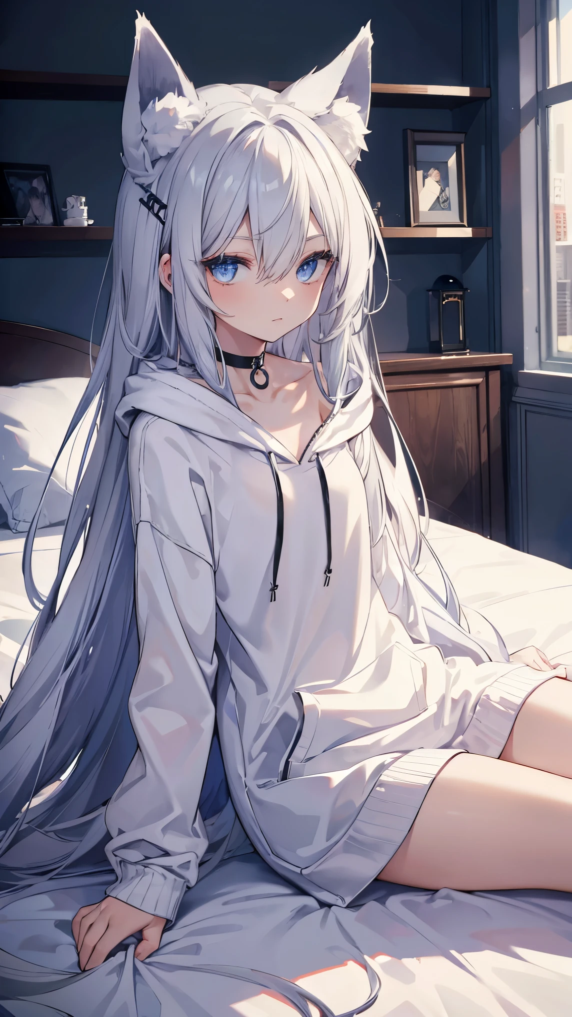 masterpiece, best quality, white dress, blue eyes, grey hair , sitting, night, rim lighting, two tone lighting, dimly lit, low key,clothes lift, short shorts, black shorts,<lora:reZeroPandora_v10:1>,