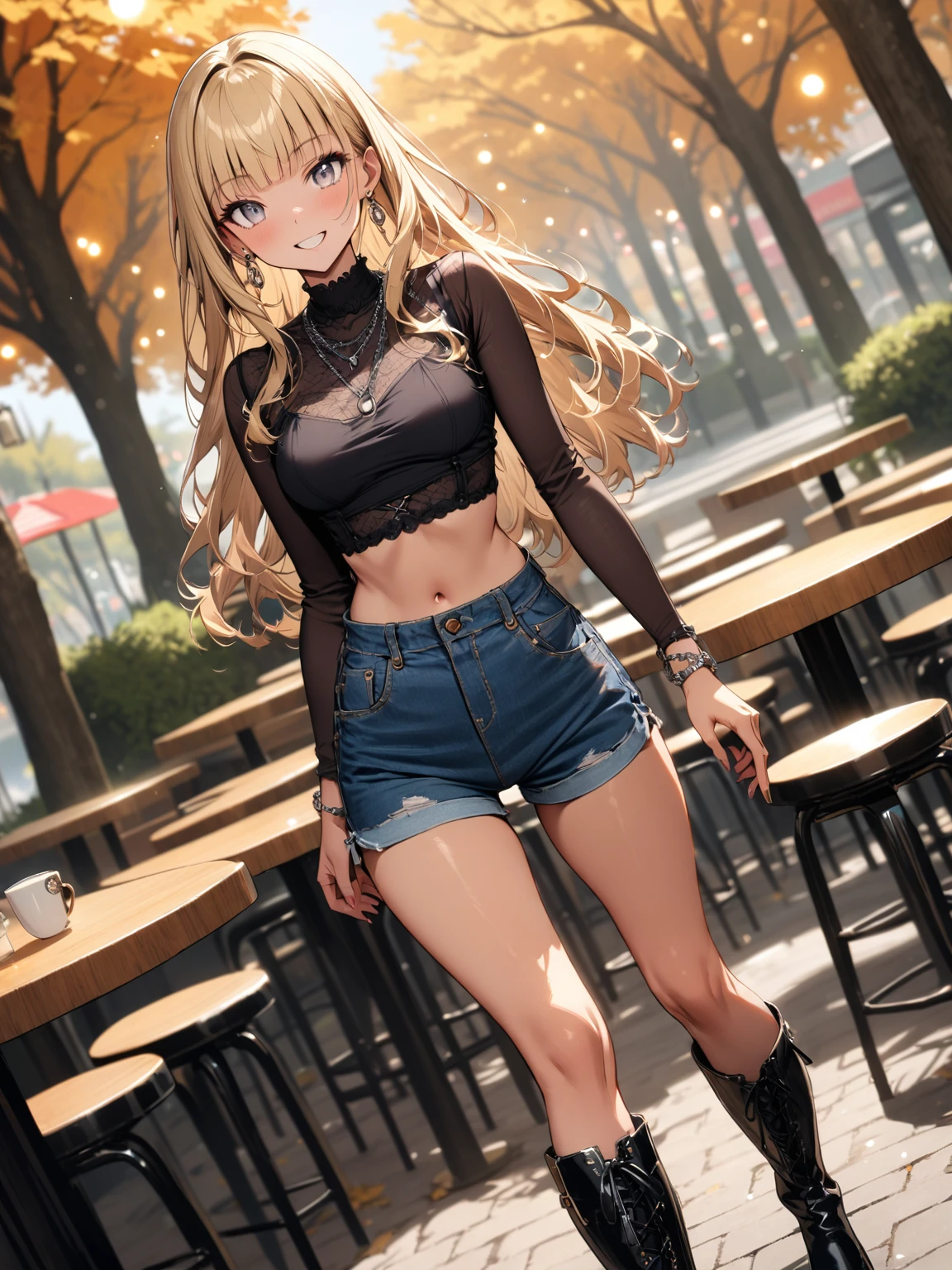 (masterpiece, best quality, very aesthetic, absurdres), 1girl, perfect body, anatomically correct, 

20 years old, Japanese gal apparel shop staff, standard height, BREAK ((tanned skin:1.3)), blonde hair, long hair, blunt bangs, wavy hair, BREAK (grey eyes:1.3), captivating thighs, medium breasts, lots of pierced earrings, silver chain necklace, silver bracelet, bare belly button, BREAK Autumn outfits, fashion snaps, (Y2K fashion), cropped lace detail top in black, denim shorts, heeled knee boots in black, 

looking at viewer, smile, dynamic angles, dynamic pose, (whole body), 

BREAK coffee shop, tables, chairs, park, trees, sidewalk, bushes, city, 

BREAK portrait shot, shallow depth of field, (bokeh:1.3), blurry background, 85mm lens, out of focus lights in background, high quality, detailed,