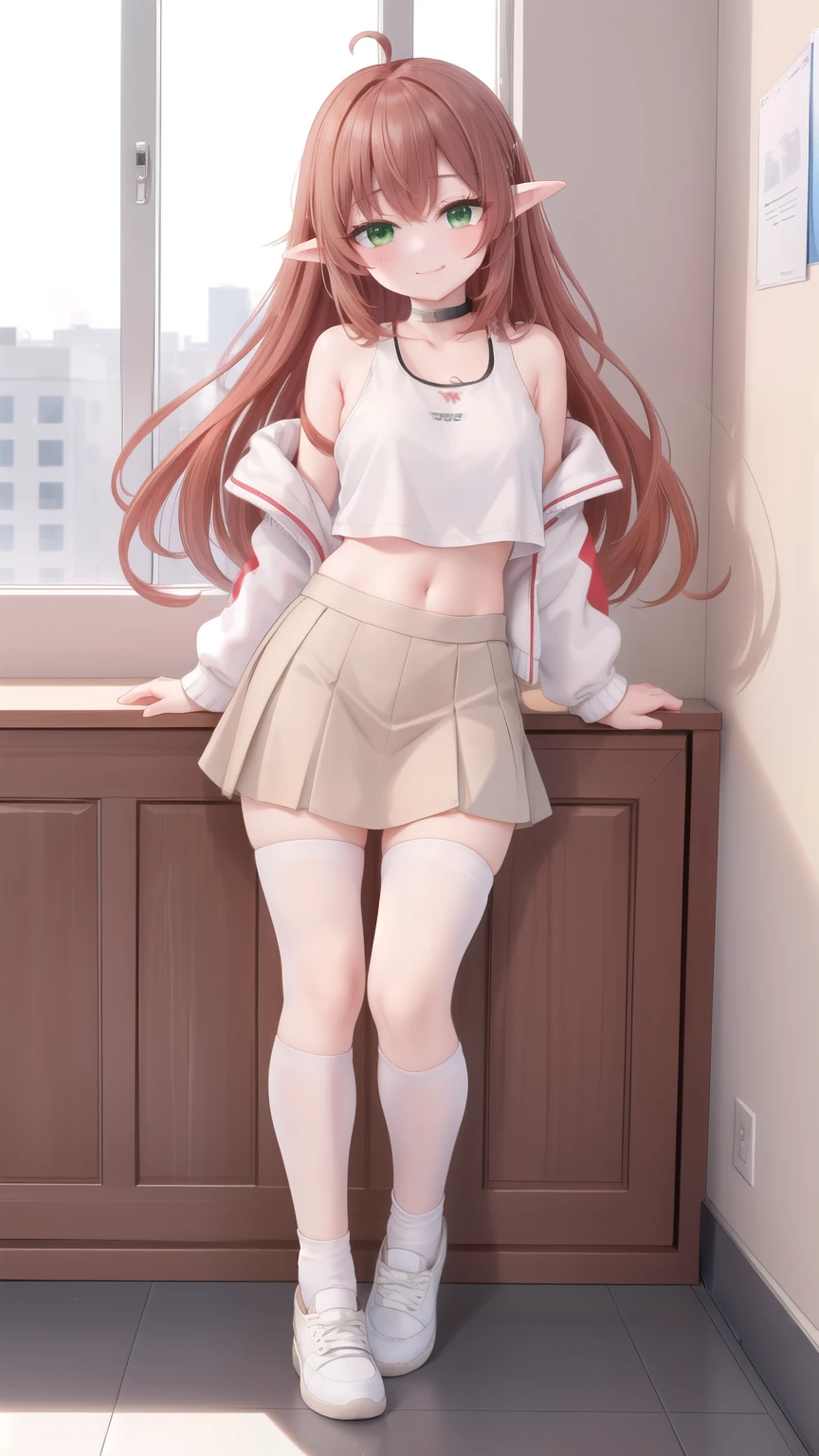 ((masterpiece)),(best quality),official art,extremely detailed CG,unity 8k wallpaper,ultra detailed,1girl,Alone,upper body,(portrait:1.2),long_hair,pointy_ears,ahoge,green_eyes,white_footwear,navel,skirt,shoes,smile,red_hair,midriff,white_jacket,off_shoulder,looking_at_viewer,long_sleeves,tank_top,grey_socks,brown_hair,sleeves_past_wrists,open_clothes,bangs,shirt,classroom，White sweatshirt，White pantyhose