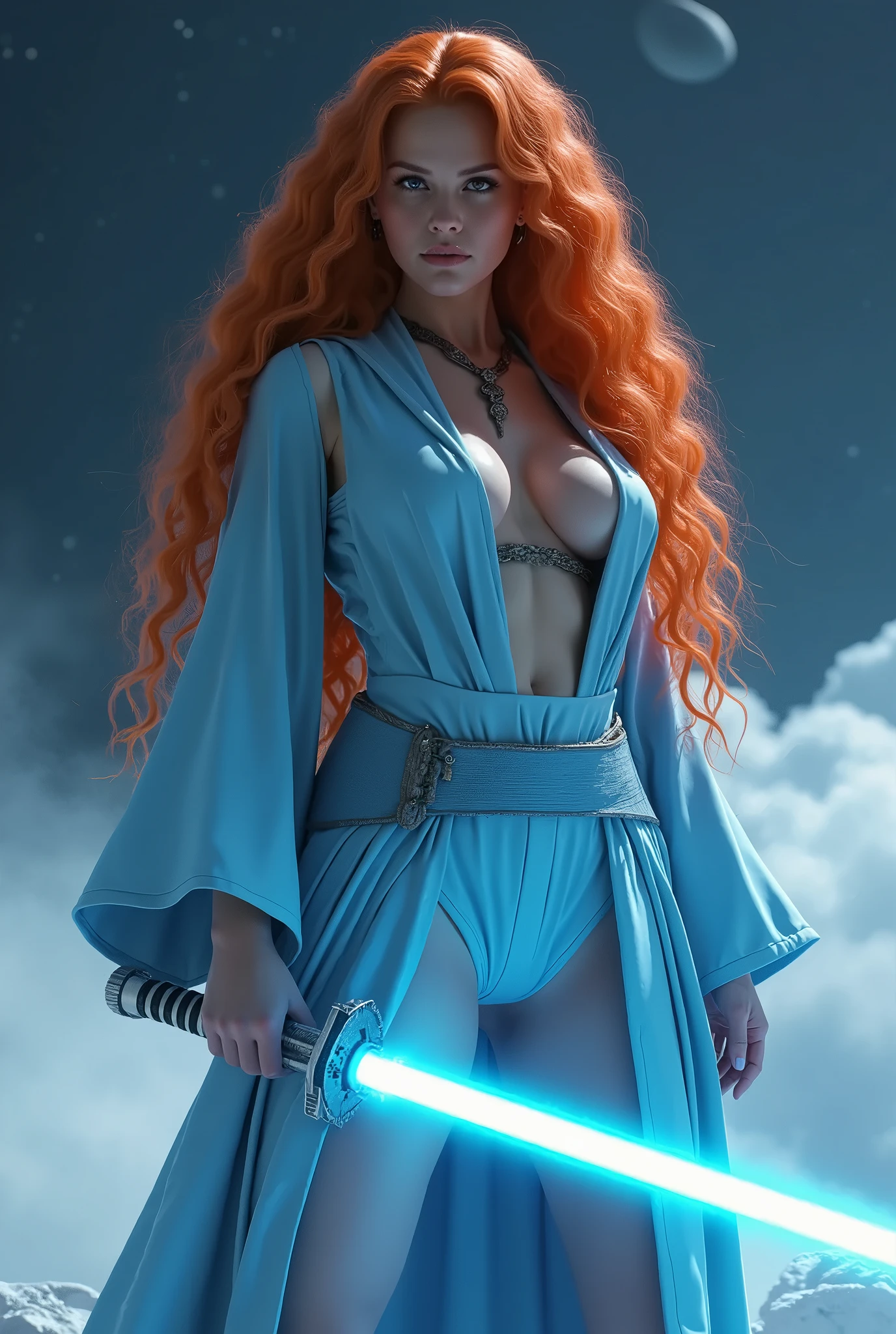 A woman, long curly hair, pink hair, blue eyes, wearing armor, defeated, medieval background, sad, sword, medium breast, show nipples, show vagina, open legs:1.5
