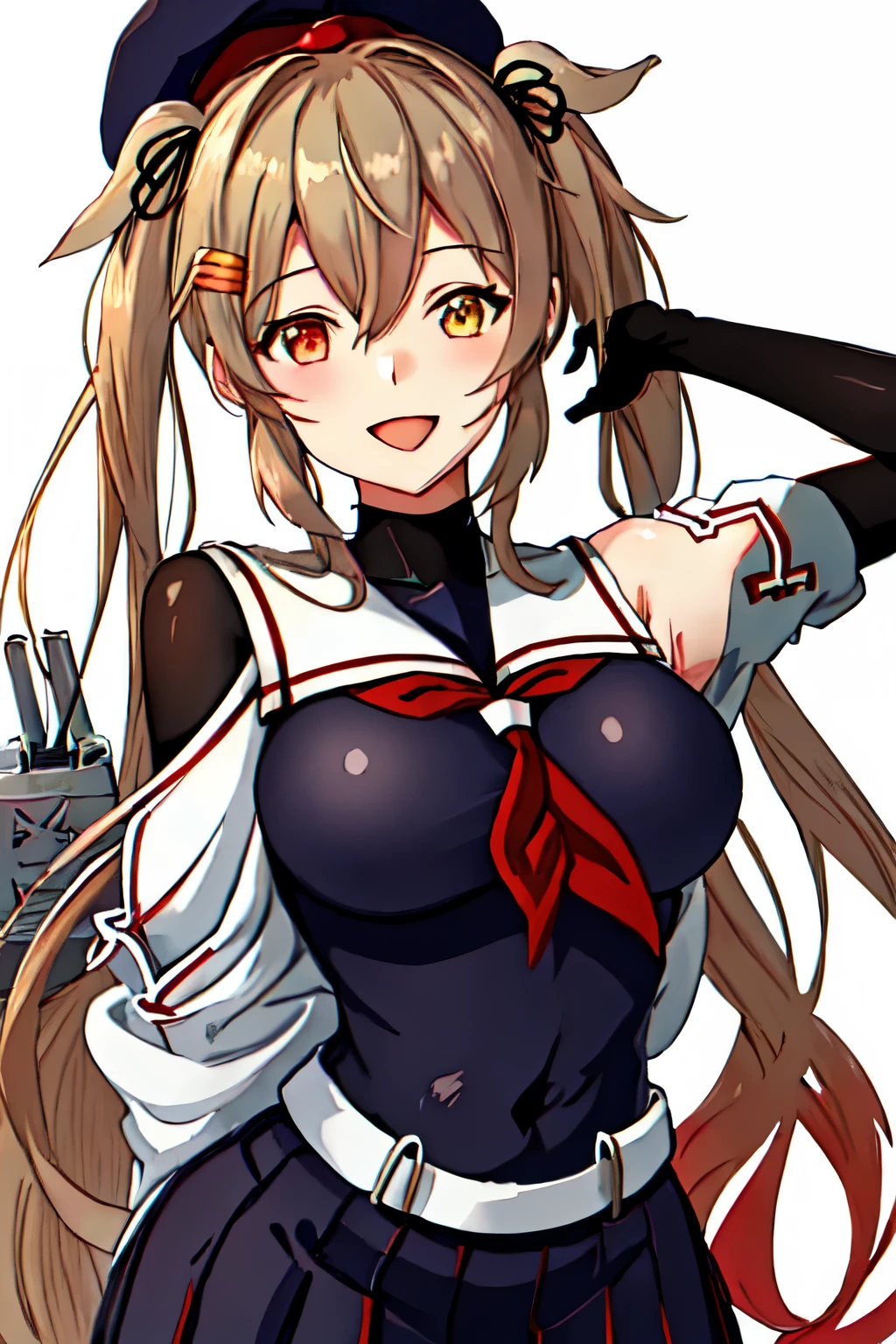 Best Quality, masterpiece, High resolution, Alone, (Murasame Kai Ni_Kantai Collection:1.15), 長いhair, ライトブラウンhair, Yellow Eyes, Red Eye, ribbon, smile, hair_ribbon(Black Sailor Suit), (White sailor collar), chest, Twin tails, Two_side_up, hair_flap, hair_ornament, One girl, School uniform, neckerchief, open_mouth, 赤neckerchief, White background