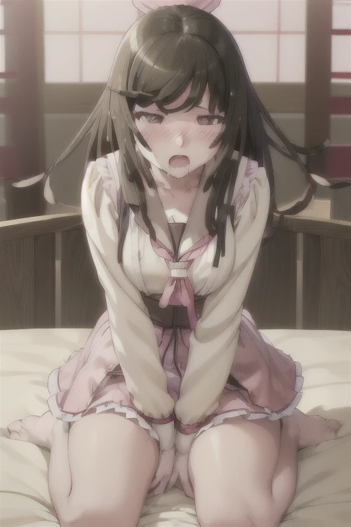 (ultra-highdetail, 8k quality, best quality, extremely detailed illustration,intense shadows, high quality anime illustration), (tsukuyomi shirabe, senki zesshou symphogear, pink eye, black hair, twintails, long hair, hair bow,) small breasts, Completely naked, nude, pussy, nipple, sitting, spread legs, front view, moist skin, gleaming skin, open mouth, embarrassed, look at viewer,