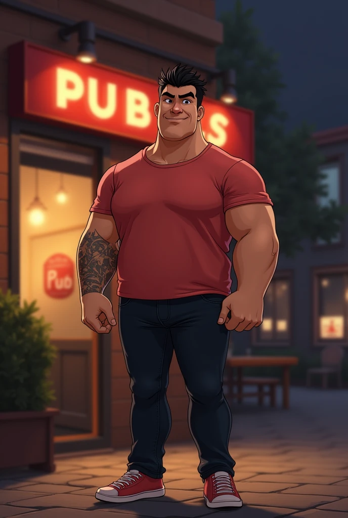 disney gaston, (big fat muscle:0.5), (very big breast:1.0), (big belly:1.0), (chubby face:1.0), man, 21 year old, wearing a leather jacket, (with t shirt:1.0), (very short hair:1.5), Retro comic style artwork
