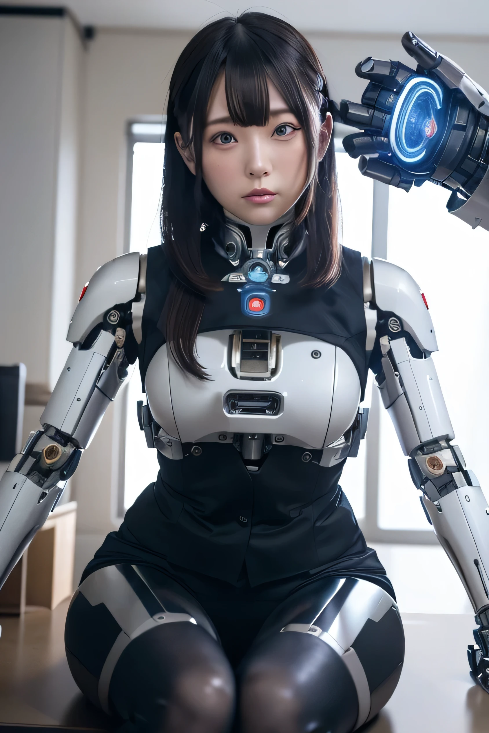 masterpiece, best quality, extremely detailed,  1girl in, Japaese Cyborg woman,Plump , control panels,android,Droid,Mechanical Hand, Robot arms and legs, Black Robot Parts,Black hair,Mechanical body,Blunt bangs,White robotics parts,perfect robot girl,future information counter,reception,long tube,thick cable connected her neck,ceramic body ,mechanical body, loose boots,android,robot,humanoid,cyborg,information office,japanese android receptionist ,mechanical chest,blue eyes,dark black tights