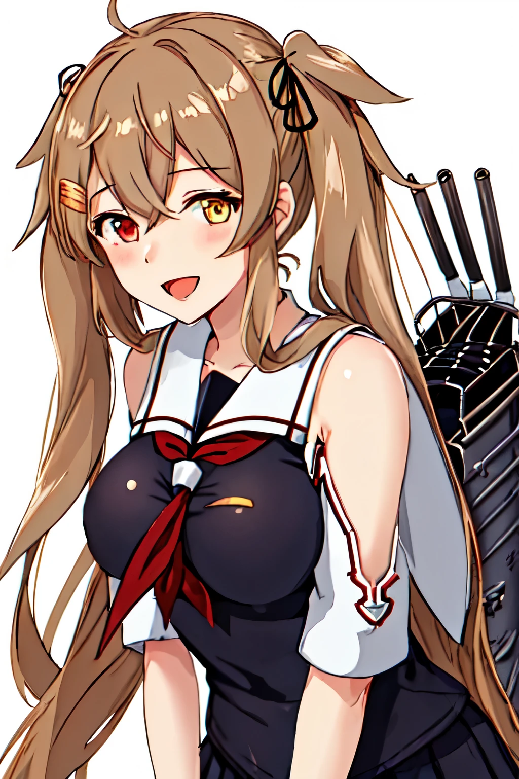 Best Quality, masterpiece, High resolution, Alone, (Murasame Kai Ni_Kantai Collection:1.15), 長いhair, ライトブラウンhair, Yellow Eyes, Red Eye, ribbon, smile, hair_ribbon(Black Sailor Suit), (White sailor collar), chest, Twin tails, Two_side_up, hair_flap, hair_ornament, One girl, School uniform, neckerchief, open_mouth, 赤neckerchief, White background