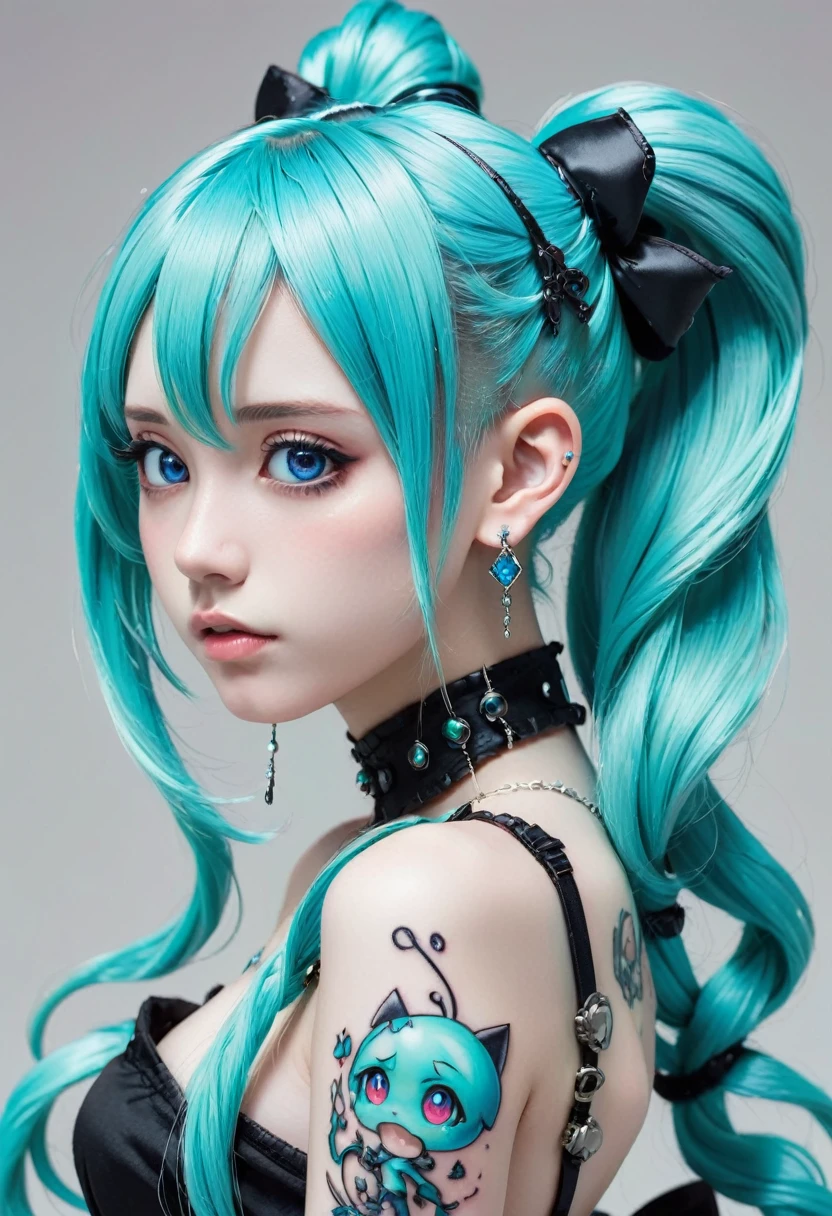 hair ornaments、Earrings、tattoo、Goth_punk, 1 girl, alone,、highest quality, Realistic, Super delicate illustration, Beautiful and attractive anime girl, miku hatsune, Slender body, Tied Hair, One Girl, Girl Photos, Full Body Shot, Beautiful Blue Eyes, looked back,ear nipple ring、hair ornaments、gem、miku hatsune、