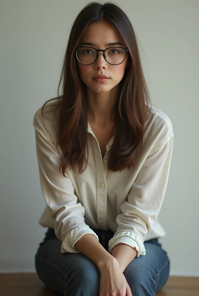 Realistic monochrome photography in 80s style....., tmasterpiece, Soviet photography, Film grain, photo paper texture; Sweet beautiful Russian brown eyed (middle-aged) Adult woman 38 years old.., beautiful detailed round face, Large shiny realistic dark brown eyes, glasses with lenses, tired look at the viewer, Cute little wide nose, calm expression on his face, Parted sensual plump lips, plump cheeks, Round chin, velvety skin, aesthetic completeness, medium length, slightly wavy, faded brown hair with gray streaks (80s punk hairstyle), Very small stature, Realistic !!!extremely small breasts!!!, aesthetic completeness, Beautiful, slightly chubby body, old stretched sweater dress made of soft oversized wool, long striped wool socks above the knees, fluffy slippers, (full - body, including legs), Free pose: I stand thoughtfully by the window with a porcelain cup of coffee in my left hand..; Realistic texture of human skin (pores, Mimic folds, wrinkles), Monochrome image