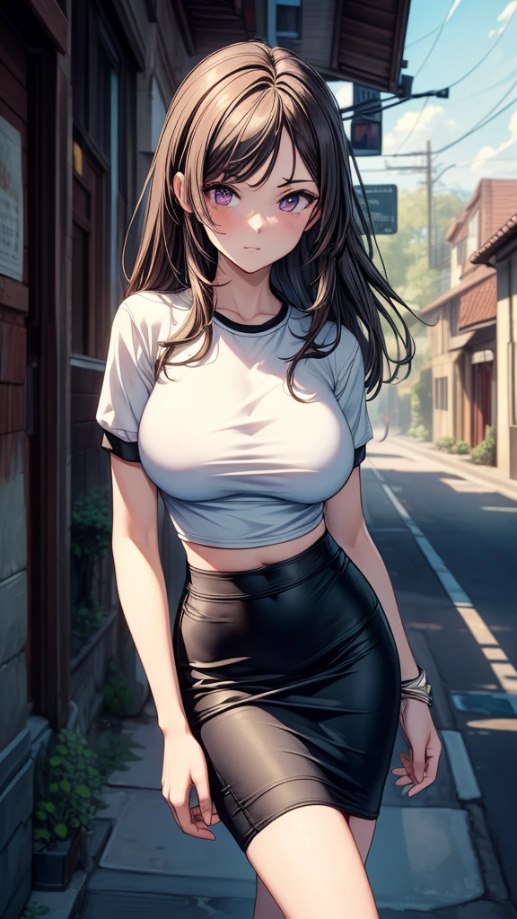 Highest quality,masterpiece,8K,1girl,((big breasts:1.3)),((orgasm,blush:1.3)),angry, sweat,mini skirt,lift skirt,upskirt,mizuki yukikaze,hair ribbon, white tank top, black skirt, mini skirt, black thighhighs,pussy juice,white panties,((walking1.3)),forest,forest林,erect nipples