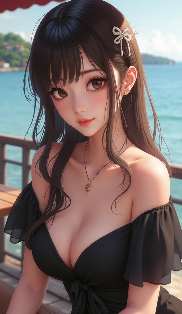 ((Highest quality)), ((masterpiece)), (detailed), Perfect Face , (masterpiece、Ultra-realistic、Ultra HD、A high resolution、16k image、Ultra High Definition Photo Images)、((detailed , masterpiece , official quality , official art , masterpiece , high resolution , ultra detailed , high resolution , extremely detailed CG)) , cool girl , Red Eyes、Red ribbon、long hair、red eyes , make up , dark grey hair , long hair , cute ,(two bun head) , (Bangs, blunt bangs) , chines dress 、beach , Cafe,sofa ,  smile 