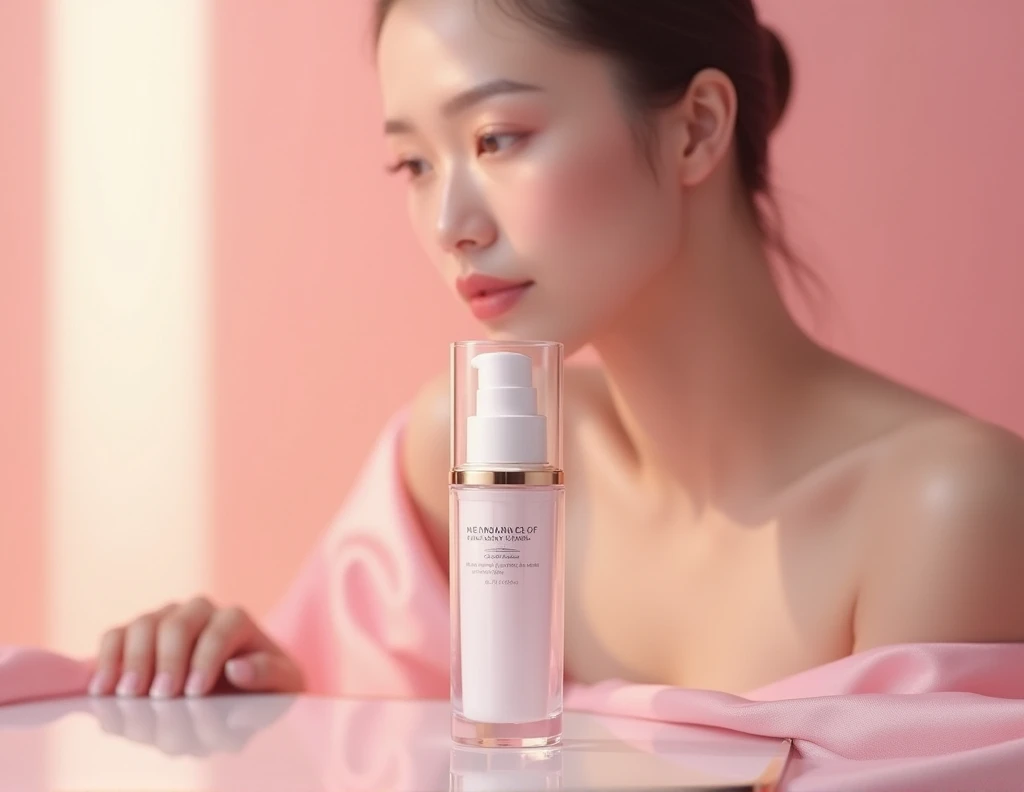 there is a woman that is holding a bottle of liquid, Smooth pink skin, perfume, Glossy glossy skin,  Glossy glossy skin, light pink mist, Pink skin, Dewy skin, Blushing, Highlight, Skincare, close face view, smelling good, Milky white skin, shiny soft skin，sideface，With his eyes closed，