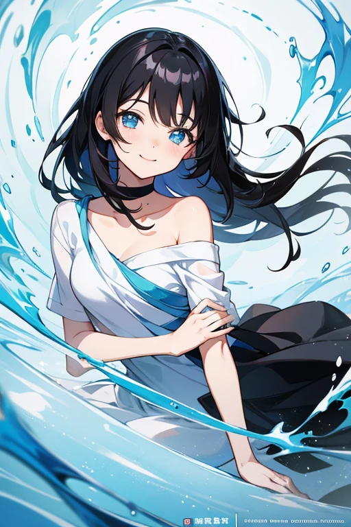 20 years old anime girl, with short dark blue hair to the shoulders, a serious yet tender expression, and bright light blue eyes. She dresses in an antique style, wearing a long dark blue skirt that reaches her knees, and small dark brown boots up to her ankles. Her white blouse is long-sleeved, covering her fingers slightly, and falls off one shoulder, leaving it exposed. She possesses water powers and has a water-themed background.