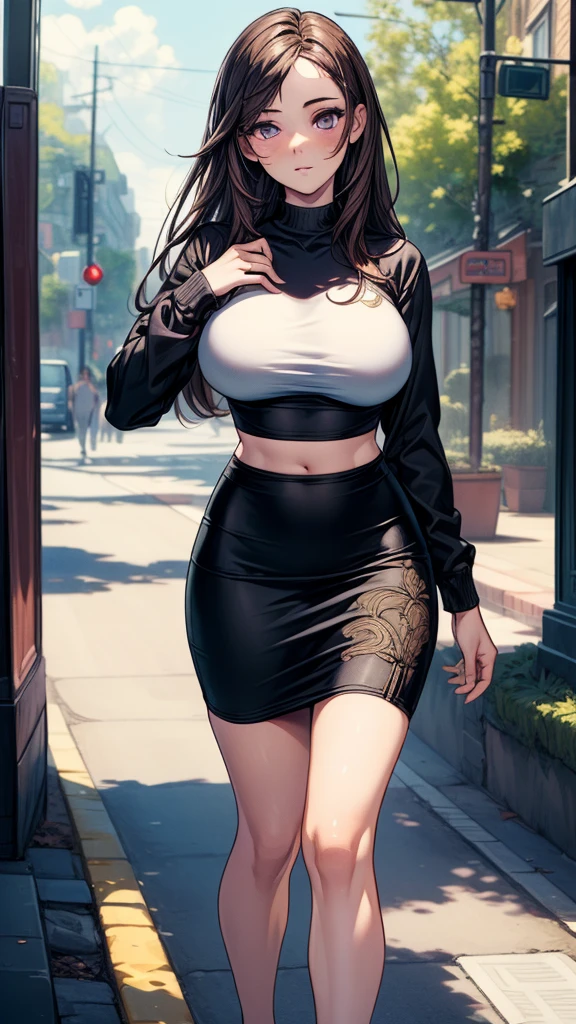 masterpiece, best quality, 2girl, young girl, black eyes, burgoly, straight hair, mocking _face, shiny skin, huge breasts, nice leg line: 1.3, thick thighs, thin waist, Cleavage_white_button-down_blouse, high-waisted_black_pencil_skirt, black_strappy_heels, gold_choker_necklace, black_leather_clutch, cityscape, looking at viewer, cowboy shot, upper body, night, narrow streets of Hong Kong, (neon:1.3)