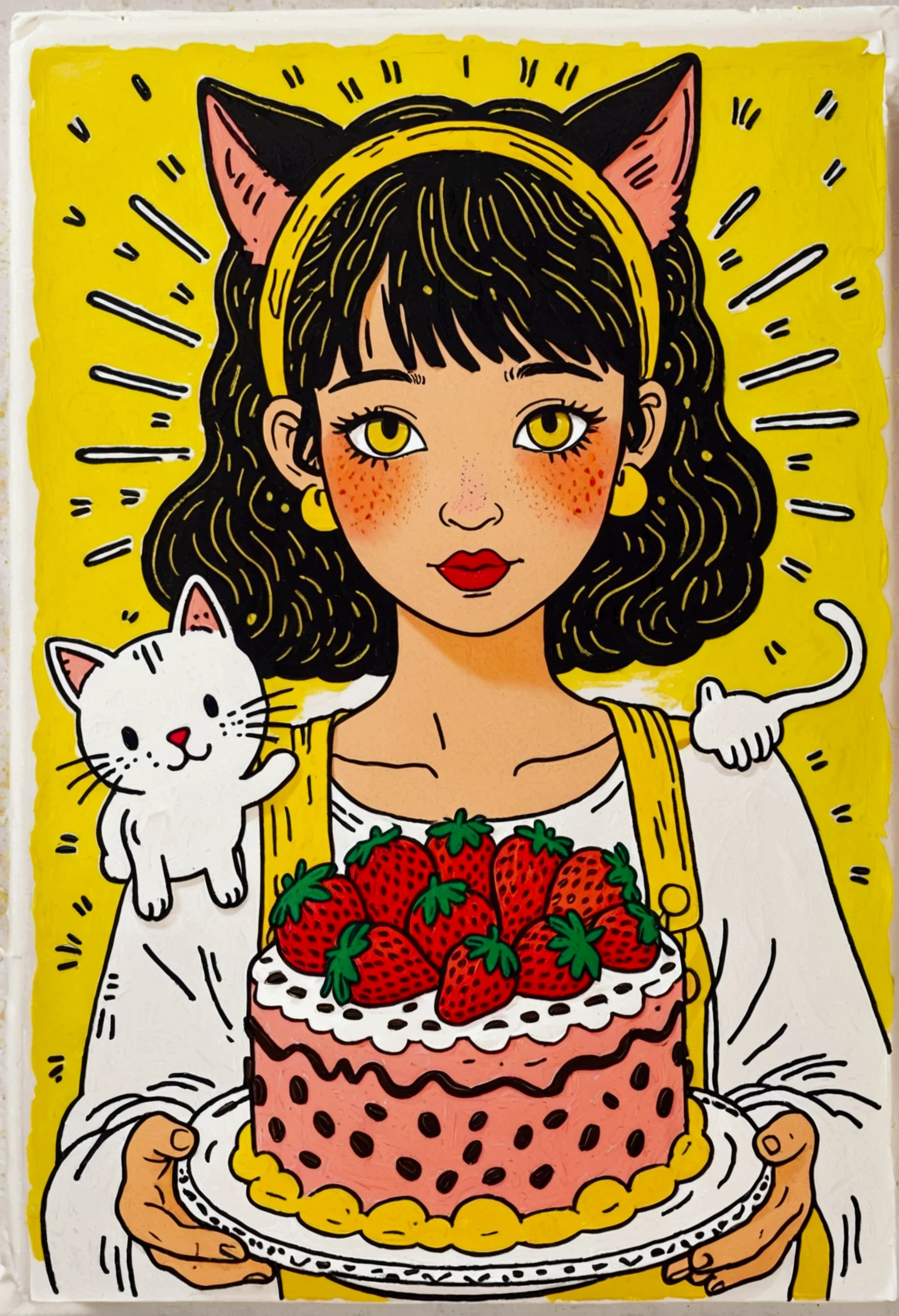 A cute cartoon girl making strawberry cake, upper body of the character, a yellow cat, Keith Haring style doodle, sharpie illustration, bold lines and solid colors, simple details, minimalism,white background