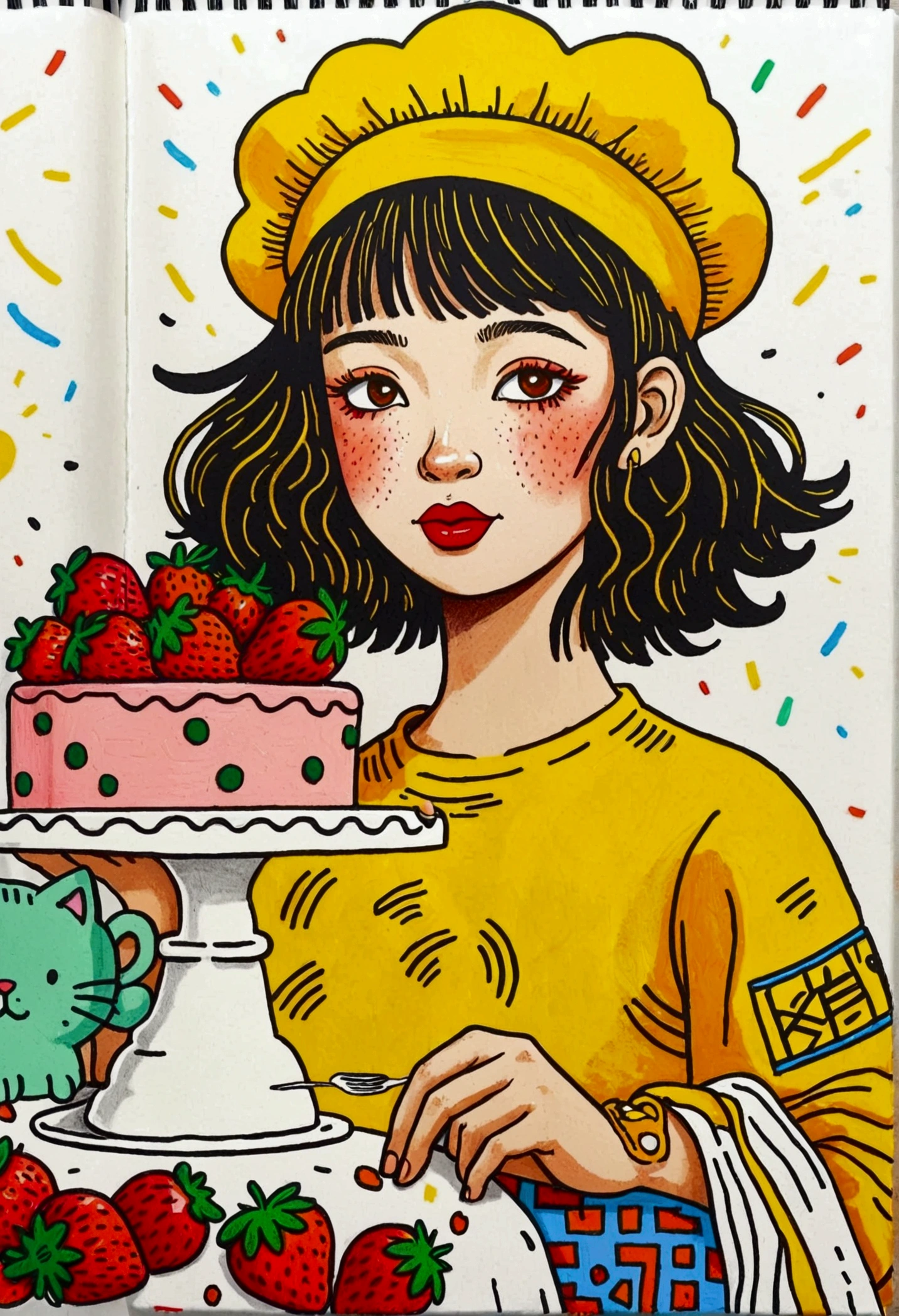 A cute cartoon girl making strawberry cake, upper body of the character, a yellow cat, Keith Haring style doodle, sharpie illustration, bold lines and solid colors, simple details, minimalism,white background