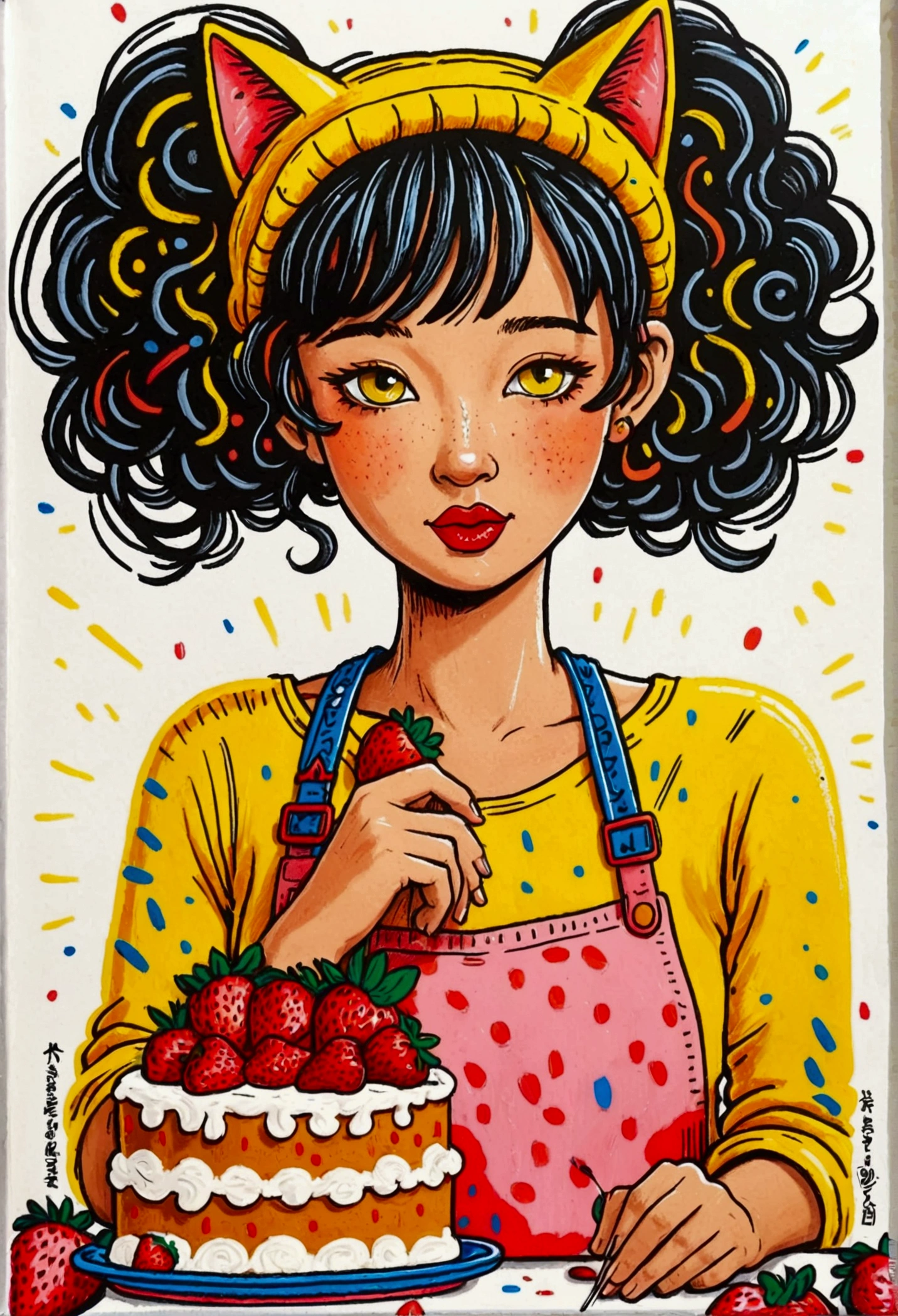 A cute cartoon girl making strawberry cake, upper body of the character, a yellow cat, Keith Haring style doodle, sharpie illustration, bold lines and solid colors, simple details, minimalism,white background