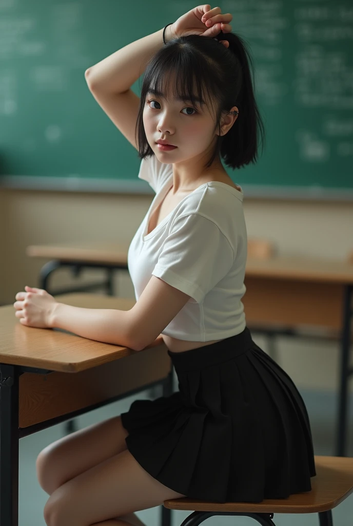 Cyberrealistic image of a 1 schoolgirl sitting at her desk in a high school class, distracted looking to the side, with her white underwear in view because she had a carelessness thus making everyone see her underwear under her skirt opening her legs thus revealing what she has under her skirt


