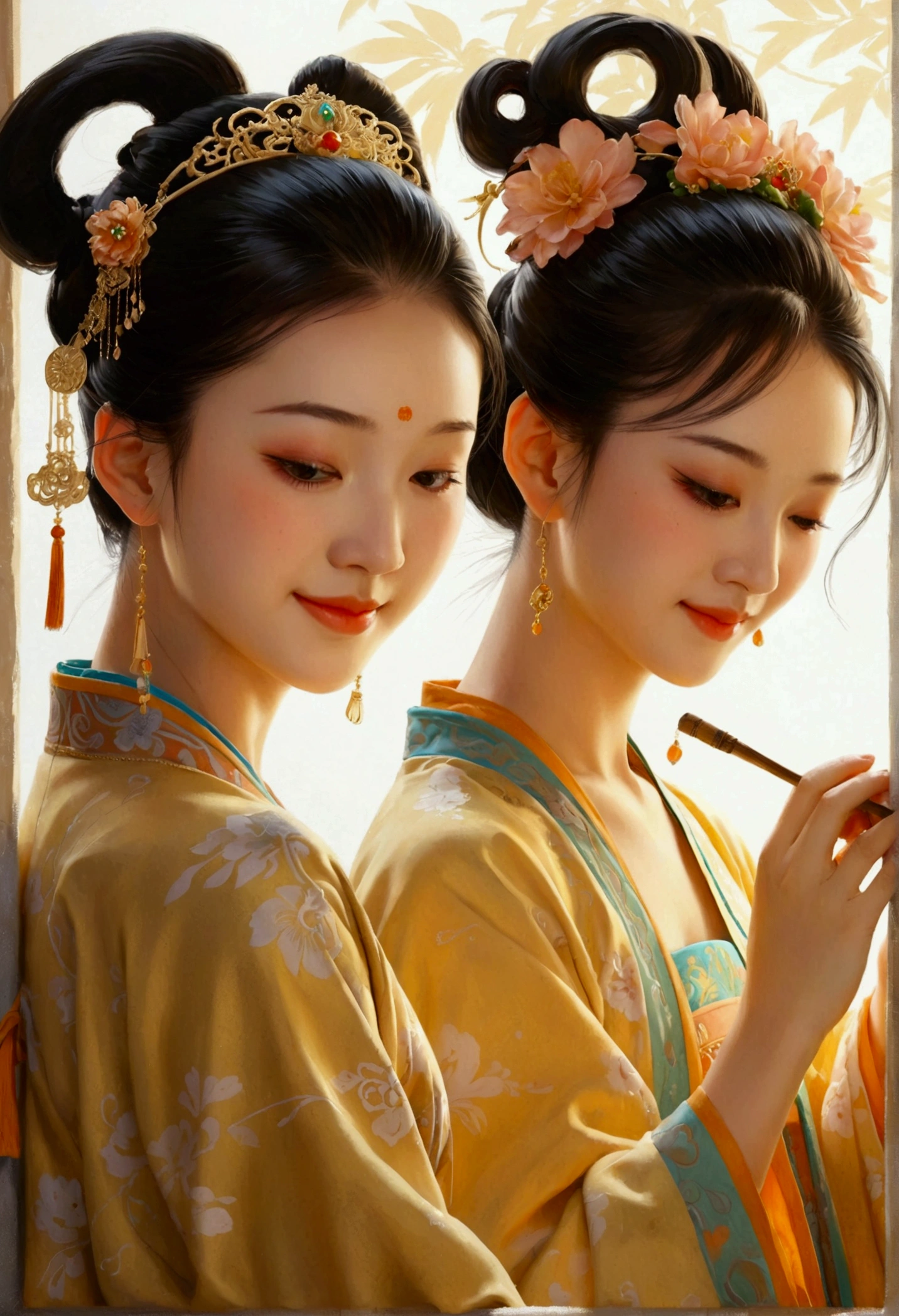 In this painting full of classical charm and modern interest，We saw four Q-version girls of Tang Dynasty ladies，They are presented in cartoon style，It retains the elegance and beauty of Tang Dynasty costumes.，Adds a bit of playfulness and liveliness。The background of this painting is light beige，Provides a warm and soft background for the characters。The first girl on the left，She closed her eyes，Smile，The expression reveals happiness and satisfaction。She holds a small object in her hand，Maybe a flower or a fruit，This adds to the vividness of her image.。Her clothes are equally exquisite.，It reflects the dignity and beauty of women in the Tang Dynasty。The second girl in the middle，She looks just as happy.，Eyes flicker with interest in the small, round object in hand。She may be holding a musical instrument or a game.，This makes her look smart and curious.。Her clothes are equally gorgeous，The combination of a complicated bun and a transparent gauze dress，Make her look both traditional and modern。The third girl from the right，Her expression is cheerful and lively，Seems to be enjoying the string instrument in his hands。She is holding a musical instrument that may be a zither or a bamboo flute，This makes her look artistic.。Her clothes are equally exquisite.，The combination of a complicated bun and a transparent gauze dress，Shows the elegance and luxury of women in the Tang Dynasty。The fourth girl from the far right，Her expression is similar to the girl in front，All are happy and satisfied。She holds a small object like a flower or fruit in her hand，This makes her look cute and childlike.。Her clothes are equally gorgeous，It reflects the dignity and beauty of women in the Tang Dynasty。This painting uses the images of four Q-version girls，Shows the elegance and beauty of Tang Dynasty ladies，At the same time, it also incorporates the liveliness and happiness of modern cartoon style.。Each girl has her own unique expressions and movements，The small objects in their hands add interest to their images.。The light beige color of the background provides a warm and soft backdrop for the painting.，Makes the whole picture look both classical and modern，Both dignified and lively。 This painting is not only a modern interpretation of Tang Dynasty culture，It is also an exploration of the fusion of tradition and modernity.。Through this creation，We can see the new life of traditional culture in modern art，And the artist&#39;s respect and innovation for traditional culture