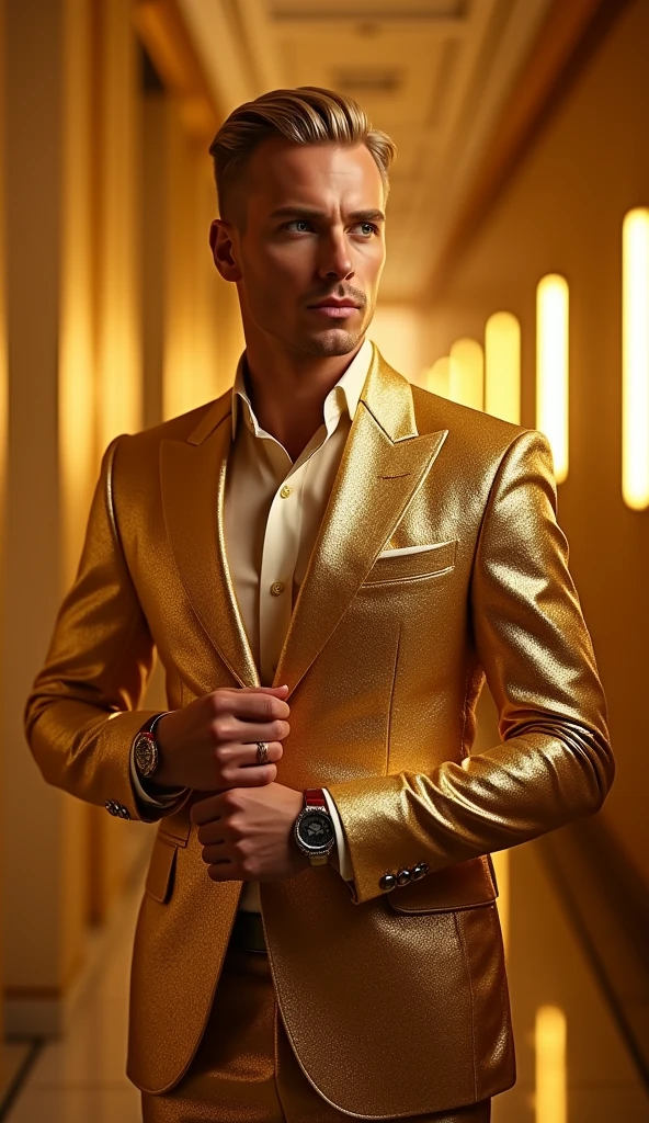 The golden star handsome boy is covered by a semi-transparent shiny golden robe. 