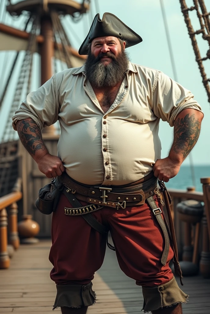 {
"prompt": "A very masculine 38-year-old man with a beard and wearing dark sunglasses, shown in a medium close-up shot displaying the upper part of his body. He is dressed in a classic pirate outfit with a tricorn hat, a ruffled white shirt, and a leather vest adorned with buckles. The background is a pirate ship deck at sunset, with the ocean and a dramatic sky filled with vibrant hues of orange, pink, and purple. The atmosphere is adventurous and rugged, with wooden planks and sails visible in the background. The man's posture is bold and commanding, his beard neatly trimmed, exuding confidence and a swashbuckling spirit.",
"size": "1024x1024"
}