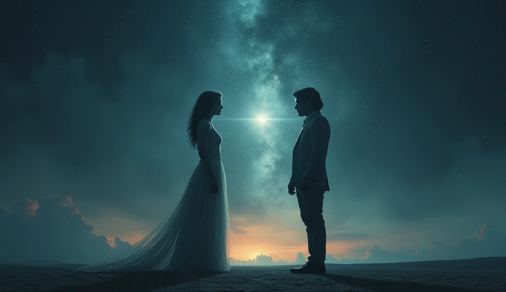 Vast starry sky, beautiful skyline, vast grasslands, very tense and dramatic pictures, moving visual effects, hanging high Polaris, big-looking Saturn, and colorful natural lights. Men are dressed casually, women have long brown hair, long skirts, swaying in the wind, back figure, man is 170cm tall and weighs 60kg, woman is 165cm, weight 55kg, back view of male and female couple looking up at the sky and hugging shoulders together.