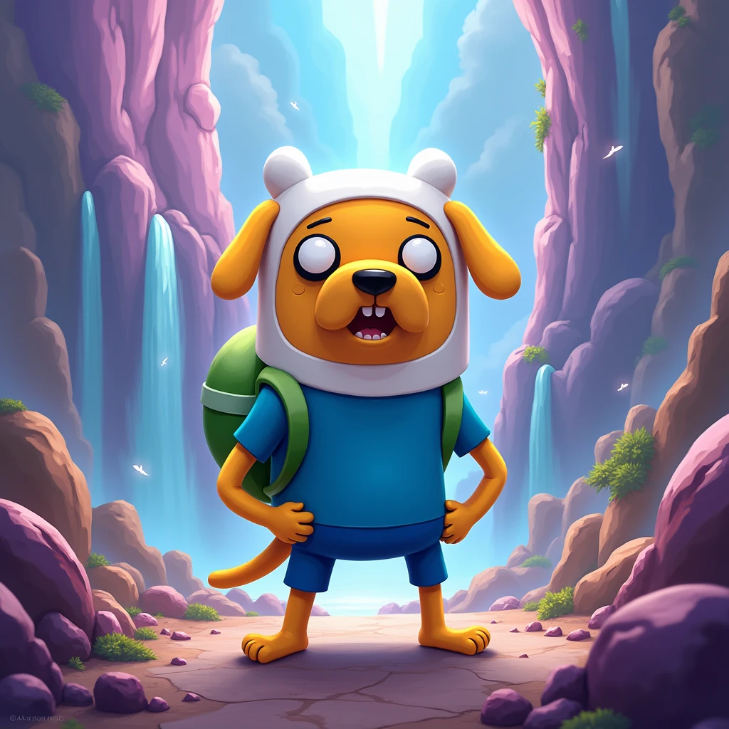 Imagine the Adventure Time character Jake the Dog in the Finn outfit to make him look adorable and an incredible background