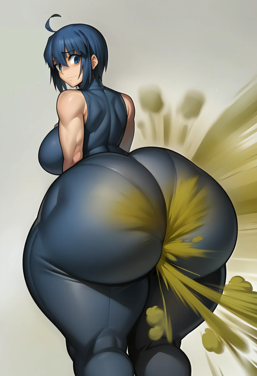 Highest quality, masterpiece, High Resolution, 1 girl, ciel, Ass, hyper Ass, huge Ass, big ass, wide hip,  ass focus, gigantic ass, thick thighs, massive thighs, fart, farting, yellow_smoke, yellow_gas, sprays, dark blue outfit, clothes cutout, sleeveless, 