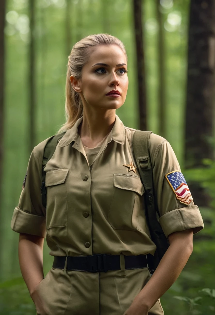 photorealistic photograph of a woman in a park ranger uniform superimposed on hanna barbera nature scenery <lora:hannabarberan:1>