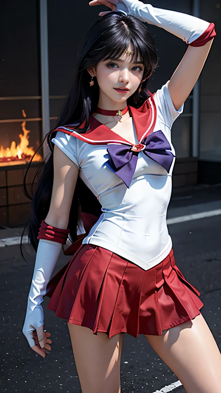 1 girl,Long Hair, (high quality,8k,Black Hair, Realistic, 最high quality, sailor mars,Purple dyed hair, Purple Hair,Very detailed),((Tiara, Sailor Warrior Uniforms, White gloves, Red sailor collar and red skirt)),Star Choker,Elbow hand pockets,Pleated skirt,barefoot,Purple ribbon,Random sexy poses,smile,Flame Bow, 