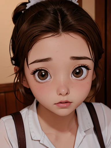 Cute girl brown hair with bun and big eyes big tits, cute and detailed face perfect high quality nsfw 