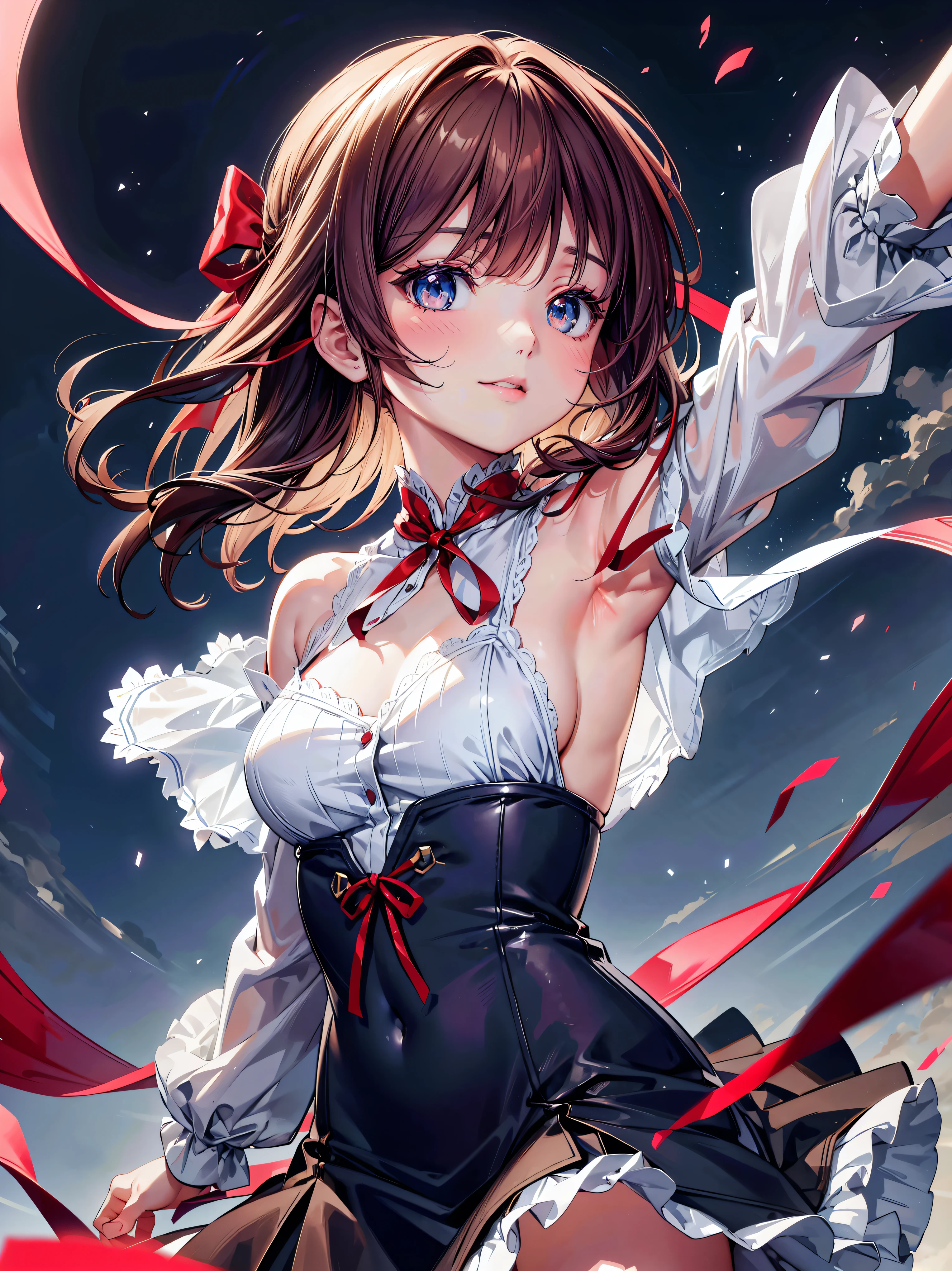 (((ultra detailed))), (((ultra resolution))), (((best quality))), solo girl, ((reaching arm)), asymmetry bangs, blue beautiful detailed eyes, red ribbon, hair ribbon, medium hair, brown hair, long sleeves, looking at viewer, (from side:1.3), from below, upper body, closed mouth, night, stars symbol, happy smile, face focus, red lips, particles effect, blurry background, depth of field,  (((anatomically accurate))), 