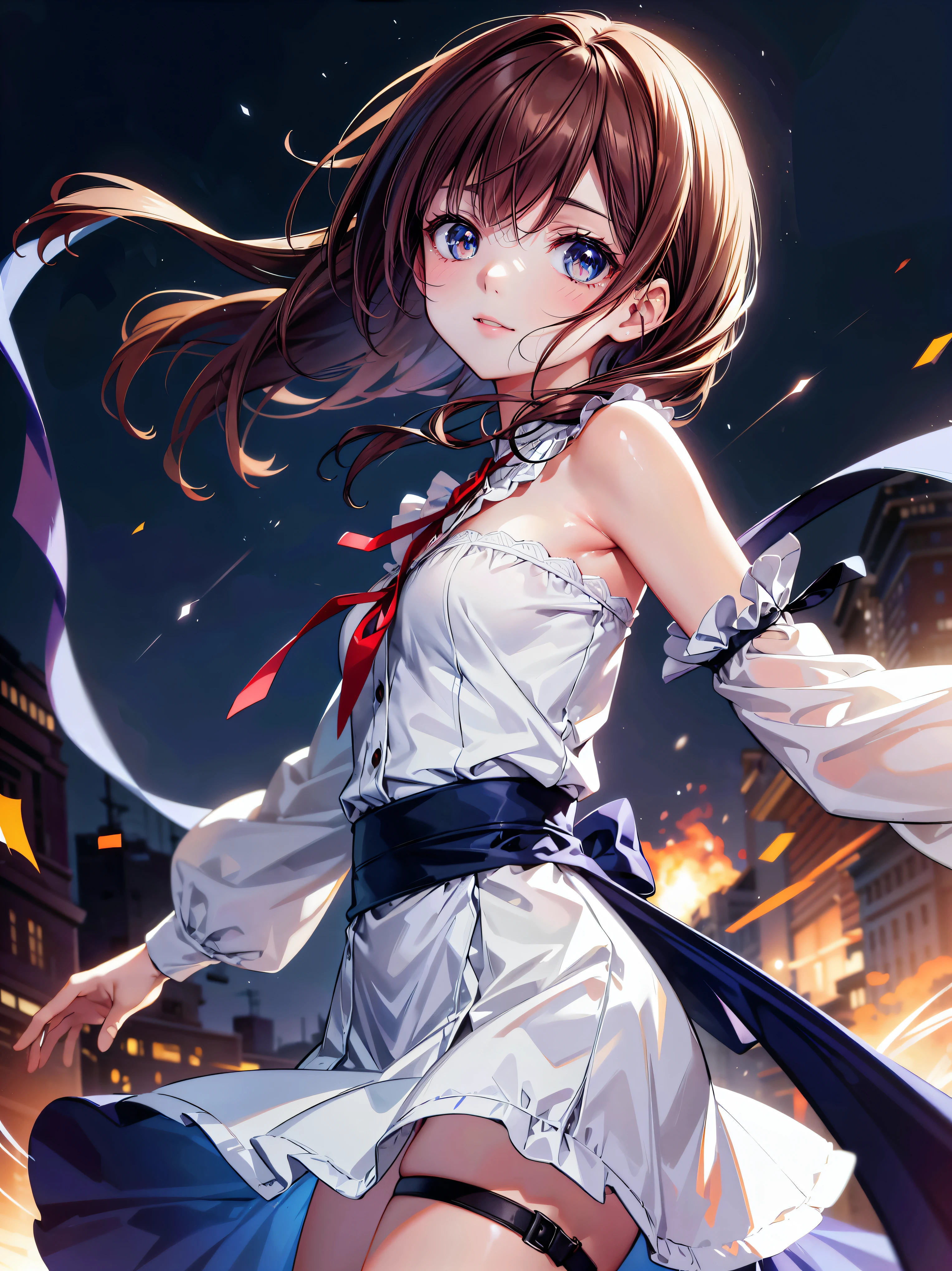 (((ultra detailed))), (((ultra resolution))), (((best quality))), solo girl, ((reaching arm)), asymmetry bangs, blue beautiful detailed eyes, red ribbon, hair ribbon, medium hair, brown hair, long sleeves, looking at viewer, (from side:1.3), from below, upper body, closed mouth, night, stars symbol, happy smile, face focus, red lips, particles effect, blurry background, depth of field,  (((anatomically accurate))), 