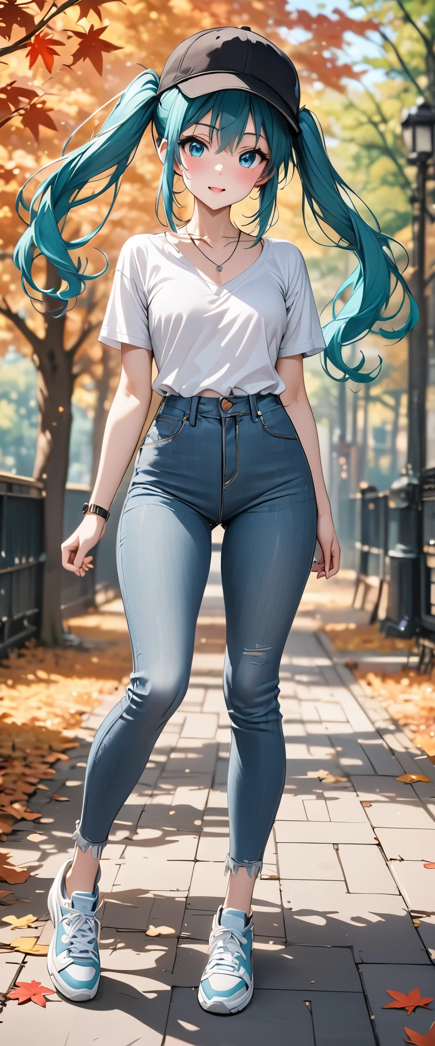 (Hatsune Miku)、Light blue twintails、(masterpiece,Best Quality,Ultra-high resolution),(((Very beautiful 2 woman))),(A fitted knit shirt in black)、(Fitted denim pants)、(Sneakers、Black and Pink)、(Silver Necklace)、(Black Cap)、Anime face、masterpiece, Best Quality, Best Quality, 16k, Very detailed, AI-generated, Delicate and dynamic, Very delicate facial expression, Delicate eye depiction,Big eyes、Slanted Eyes:1.8、 Healthy Body, Height: 160cm, Cute small breasts:0.5、blush, There are lots of autumn leaves in the park in autumn、Walking in the park、（（Anatomically correct body））、（Watch the viewers closely）、（Focus on the face）、Full body view、Blue Eyes、One woman 