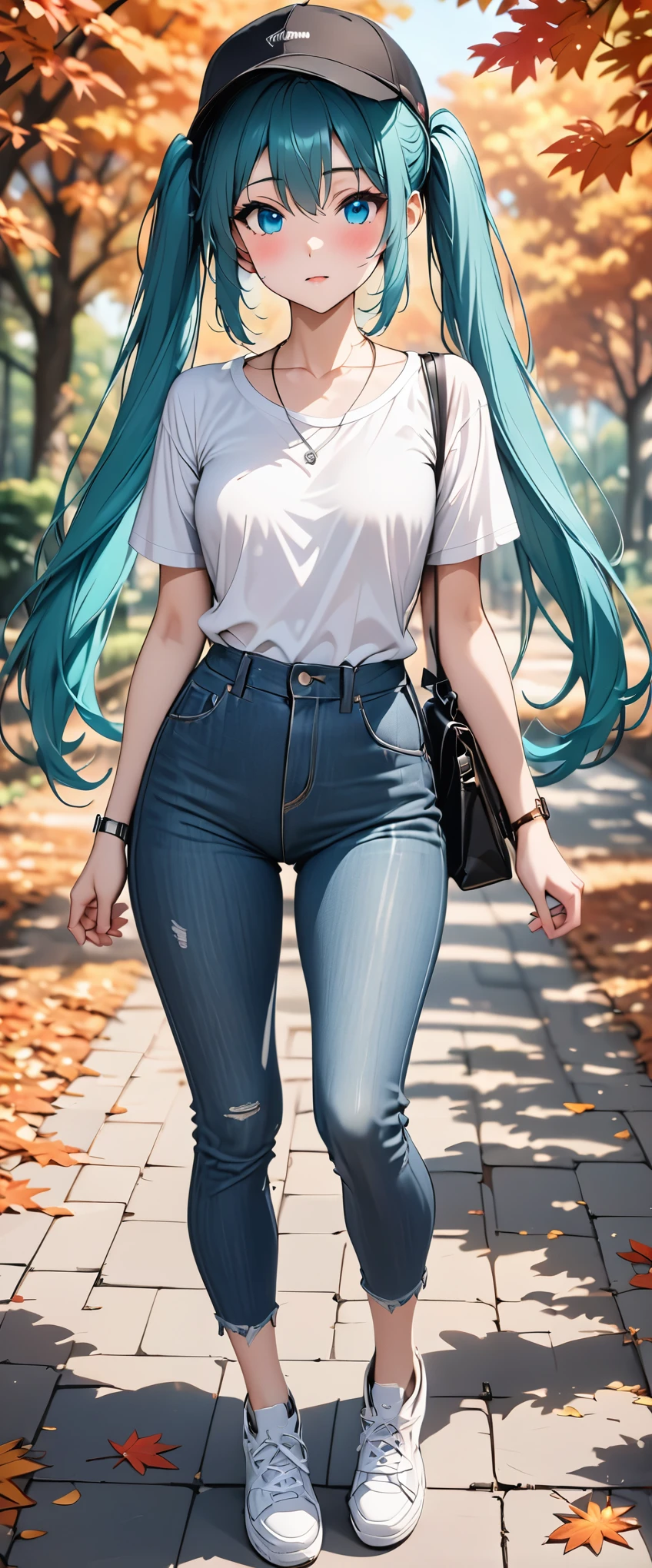 (Hatsune Miku)、Light blue twintails、(masterpiece,Best Quality,Ultra-high resolution),(((Very beautiful 2 woman))),(A fitted knit shirt in black)、(Fitted denim pants)、(Sneakers、Black and Pink)、(Silver Necklace)、(Black Cap)、Anime face、masterpiece, Best Quality, Best Quality, 16k, Very detailed, AI-generated, Delicate and dynamic, Very delicate facial expression, Delicate eye depiction,Big eyes、Slanted Eyes:1.8、 Healthy Body, Height: 160cm, Cute small breasts:0.5、blush, There are lots of autumn leaves in the park in autumn、Walking in the park、((Anatomically correct body))、(Watch the viewers closely)、(Focus on the face)、Full body view、Blue Eyes、One woman