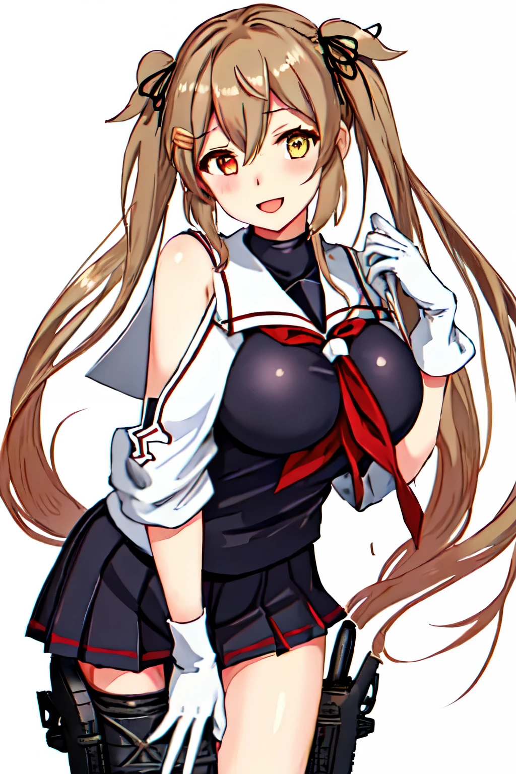 Best Quality, masterpiece, High resolution, Alone, (Murasame Kai Ni_Kantai Collection), 長いhair, ライトブラウンhair, Yellow Eyes, Red Eye, ribbon, smile, hair_ribbon, (Black Sailor Suit), (White sailor collar), chest, Twin tails, Two_side_up, hair_flap, hair_ornament, One girl, School uniform, neckerchief, open_mouth, 赤neckerchief, White background, Full body view, 