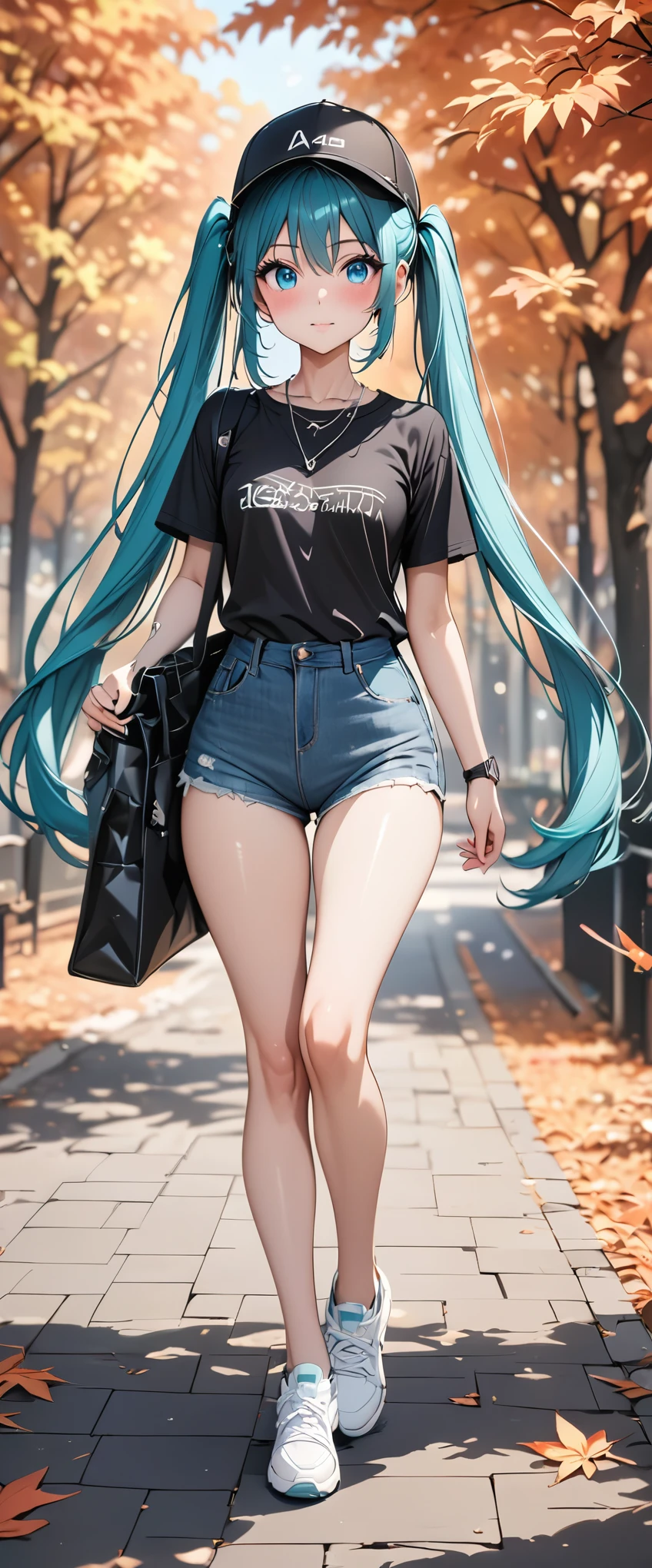 (Hatsune Miku)、Light blue twintails、(masterpiece,Best Quality,Ultra-high resolution),(((Very beautiful 2 woman))),(A fitted knit shirt in black)、(Fitted denim pants)、(Sneakers、Black and Pink)、(Silver Necklace)、(Black Cap)、Anime face、masterpiece, Best Quality, Best Quality, 16k, Very detailed, AI-generated, Delicate and dynamic, Very delicate facial expression, Delicate eye depiction,Big eyes、Slanted Eyes:1.8、 Healthy Body, Height: 160cm, Cute small breasts:0.5、blush, There are lots of autumn leaves in the park in autumn、Walking in the park、((Anatomically correct body))、(Watch the viewers closely)、(Focus on the face)、Full body view、Blue Eyes、One woman