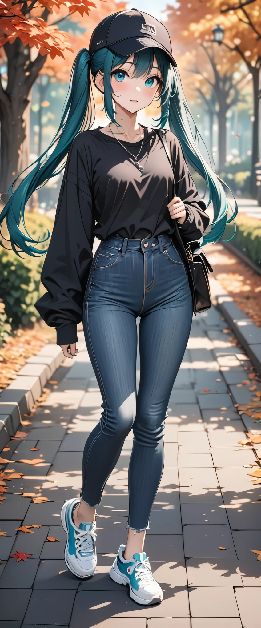 (Hatsune Miku)、Light blue twintails、(masterpiece,Best Quality,Ultra-high resolution),(((Very beautiful 2 woman))),(A fitted knit shirt in black)、(Fitted denim pants)、(Sneakers、Black and Pink)、(Silver Necklace)、(Black Cap)、Anime face、masterpiece, Best Quality, Best Quality, 16k, Very detailed, AI-generated, Delicate and dynamic, Very delicate facial expression, Delicate eye depiction,Big eyes、Slanted Eyes:1.8、 Healthy Body, Height: 160cm, Cute small breasts:0.5、blush, There are lots of autumn leaves in the park in autumn、Walking in the park、((Anatomically correct body))、(Watch the viewers closely)、(Focus on the face)、Full body view、Blue Eyes、One woman