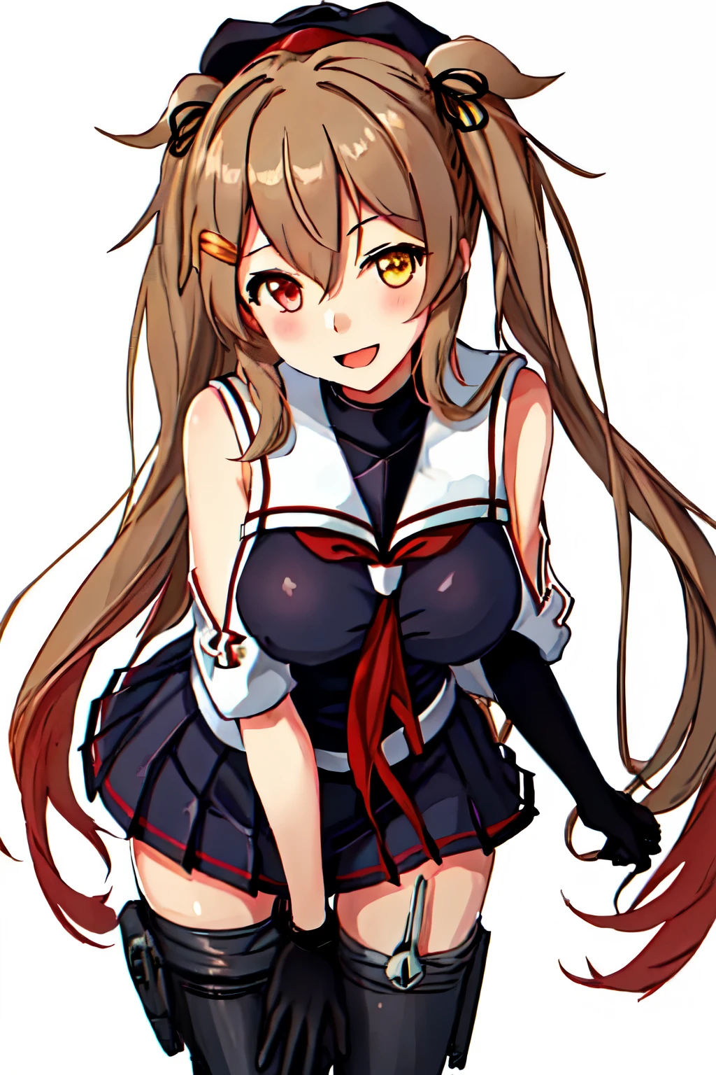 Best Quality, masterpiece, High resolution, Alone, (Murasame Kai Ni_Kantai Collection), 長いhair, ライトブラウンhair, Yellow Eyes, Red Eye, ribbon, smile, hair_ribbon, (Black Sailor Suit), (White sailor collar), chest, Twin tails, Two_side_up, hair_flap, hair_ornament, One girl, School uniform, neckerchief, open_mouth, 赤neckerchief, White background, Full body view, 