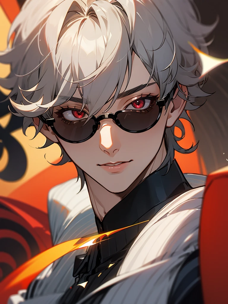 Gray Hair　Round Sunglasses　Striped Suit　Laugh suspiciously　Red eyes　solo, Fisheye Shot, male、Handsome、Dry lips、Curly hair、Face close-up、Short Hair