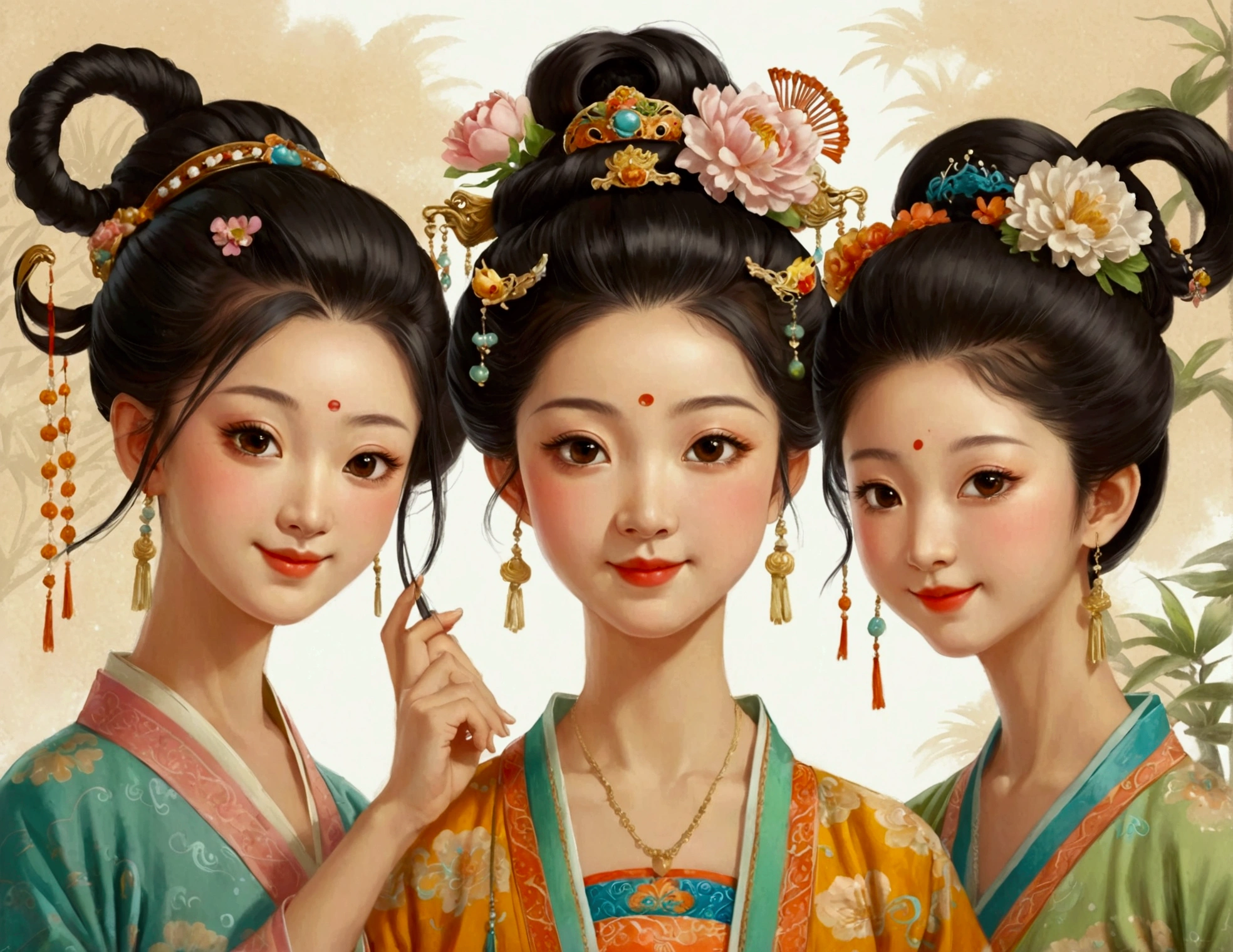 In this painting full of classical charm and modern interest，We saw four Q-version girls of Tang Dynasty ladies，They are presented in cartoon style，It retains the elegance and beauty of Tang Dynasty costumes.，Adds a bit of playfulness and liveliness。The background of this painting is light beige，Provides a warm and soft background for the characters。The first girl on the left，She closed her eyes，Smile，The expression reveals happiness and satisfaction。She holds a small object in her hand，Maybe a flower or a fruit，This adds to the vividness of her image.。Her clothes are equally exquisite.，It reflects the dignity and beauty of women in the Tang Dynasty。The second girl in the middle，She looks just as happy.，Eyes flicker with interest in the small, round object in hand。She may be holding a musical instrument or a game.，This makes her look smart and curious.。Her clothes are equally gorgeous，The combination of a complicated bun and a transparent gauze dress，Make her look both traditional and modern。The third girl from the right，Her expression is cheerful and lively，Seems to be enjoying the string instrument in his hands。She is holding a musical instrument that may be a zither or a bamboo flute，This makes her look artistic.。Her clothes are equally exquisite.，The combination of a complicated bun and a transparent gauze dress，Shows the elegance and luxury of women in the Tang Dynasty。The fourth girl from the far right，Her expression is similar to the girl in front，All are happy and satisfied。She holds a small object like a flower or fruit in her hand，This makes her look cute and childlike.。Her clothes are equally gorgeous，It reflects the dignity and beauty of women in the Tang Dynasty。This painting uses the images of four Q-version girls，Shows the elegance and beauty of Tang Dynasty ladies，At the same time, it also incorporates the liveliness and happiness of modern cartoon style.。Each girl has her own unique expressions and movements，The small objects in their hands add interest to their images.。The light beige color of the background provides a warm and soft backdrop for the painting.，Makes the whole picture look both classical and modern，Both dignified and lively。 This painting is not only a modern interpretation of Tang Dynasty culture，It is also an exploration of the fusion of tradition and modernity.。Through this creation，We can see the new life of traditional culture in modern art，And the artist&#39;s respect and innovation for traditional culture