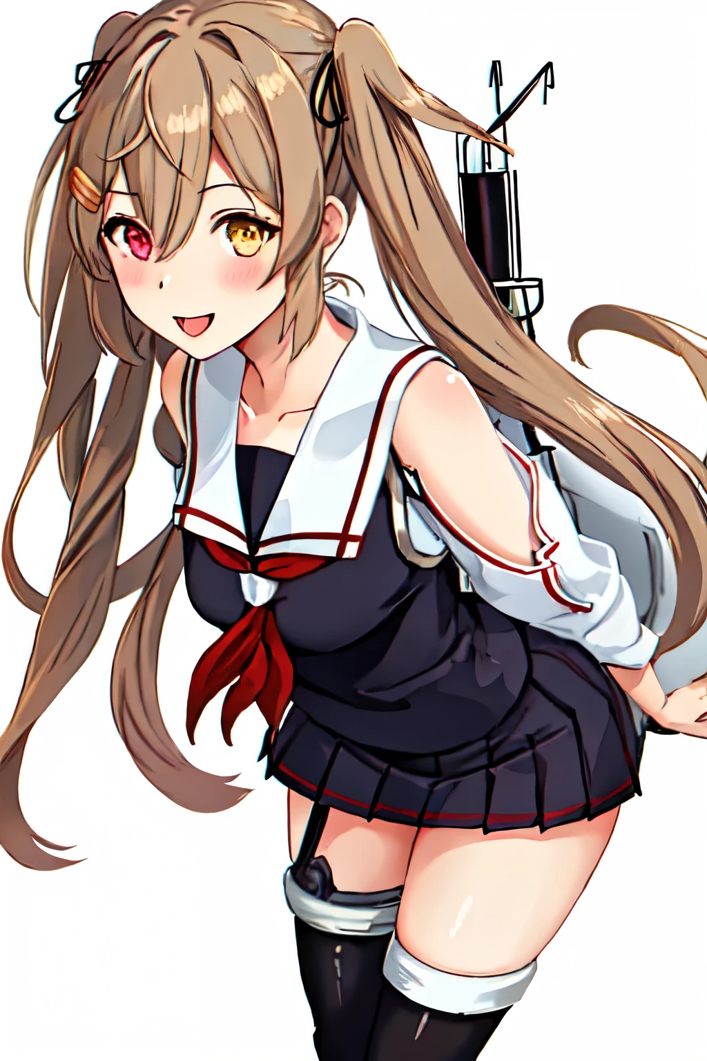 Best Quality, masterpiece, High resolution, Alone, (Murasame Kai Ni_Kantai Collection), 長いhair, ライトブラウンhair, Yellow Eyes, Red Eye, ribbon, smile, hair_ribbon, (Black Sailor Suit), (White sailor collar), chest, Twin tails, Two_side_up, hair_flap, hair_ornament, One girl, School uniform, neckerchief, open_mouth, 赤neckerchief, White background, Full body view, 