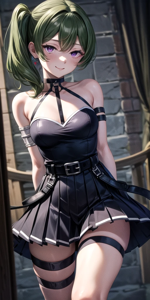 (masterpiece), best quality, (((ultra detailed, 8k quality))), expressive eyes, perfect face, perfect anatomy, perfect body, scene, UbelFrieren, purple eyes, side ponytail, black choker, arm strap, armlet, black dress, halter dress, belt, sleeveless, single glove, thigh strap, standing, arms behind back, smile, dark, dungeon, medieval, 