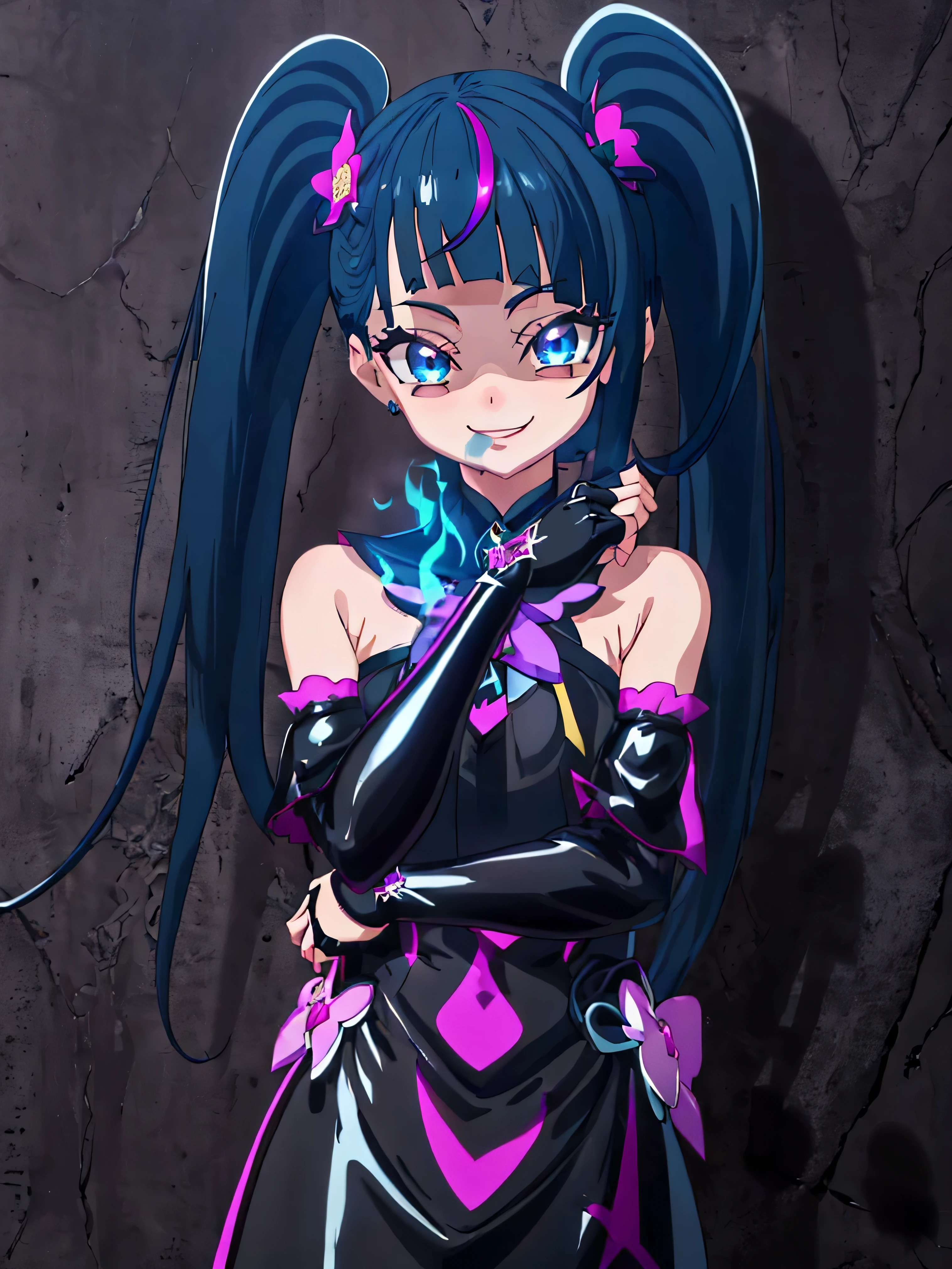 Highest quality, Very detailed,One Girl, alone, {cure_null_hirogarunullprecure:1.15}, Dark blue hair, blue eyes, Blue flames in the eyes, Long Hair, Twin tails, Magical girl, bangs, Open your mouth, Redhead, multicoloRedhead, One Girl, blunt bangs, Darken your clothes, hair ornaments, Wicked Smile, devilish aura (Shiny fabric:1.5), Full Body Shot, Purple Gemstone, attractive, blush, (Beautiful attention to detail:1.6), Very detailed顔, Perfect lighting, Extremely detailed CG, (Perfect hands, Perfect Anatomy), devil, black color scheme, Shiny material, Grin, Black ribbon, black satin gloves, Evil clover leaf ornament, Black frills, jewelry, corruption, Latex Gloss, Black Gothic Cape, Wicked Smile,(Spooky world)))), (((Horror World))) ,((masterpiece)), ((Highest quality)), ((Very detailed)), (figure), ((Very delicate and beautiful)), , cloudy null, CG Style, One-sided black wing,Dark Shadow Face,Sadistic smile,Malice,Contempt,smile,black,Perfect hands,Perfect body,shiny latex Elbow full gloves,Perfect face,A somewhat crazy smile and a powerful black aura,（Dark and scary atmosphere,Gothic Fashion,Dark colors）,(Shrouded in darkness, Wall Background, BLACK background, Shadow, Extreme darkness:2.0)