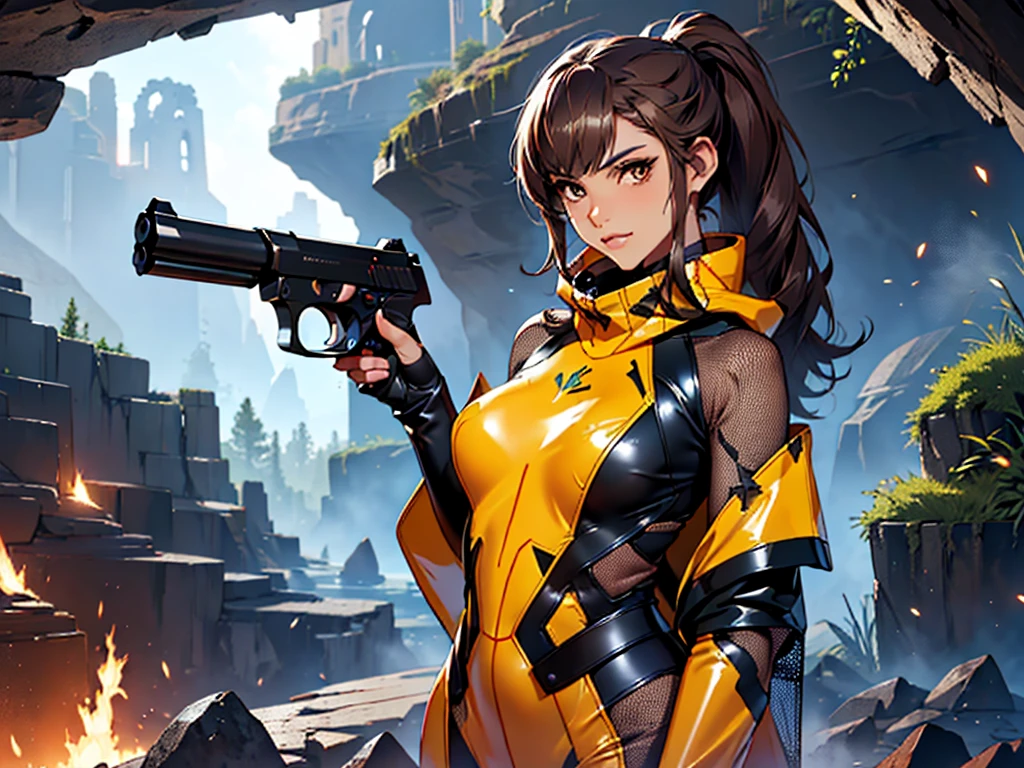 1girl, slender body, slim, extremely long ponytail, (((dark brown hair, brown eyes, tan skin))), brown skin, smirk, tight clothes, ((ochre latex bodysuit)), (black armor), ((frayed poncho)), (((hexagonal mesh))), ((extremely glossy)), ((futuristic handgun, sci-fi pistol)), ((steam vents, rocky canyon))
