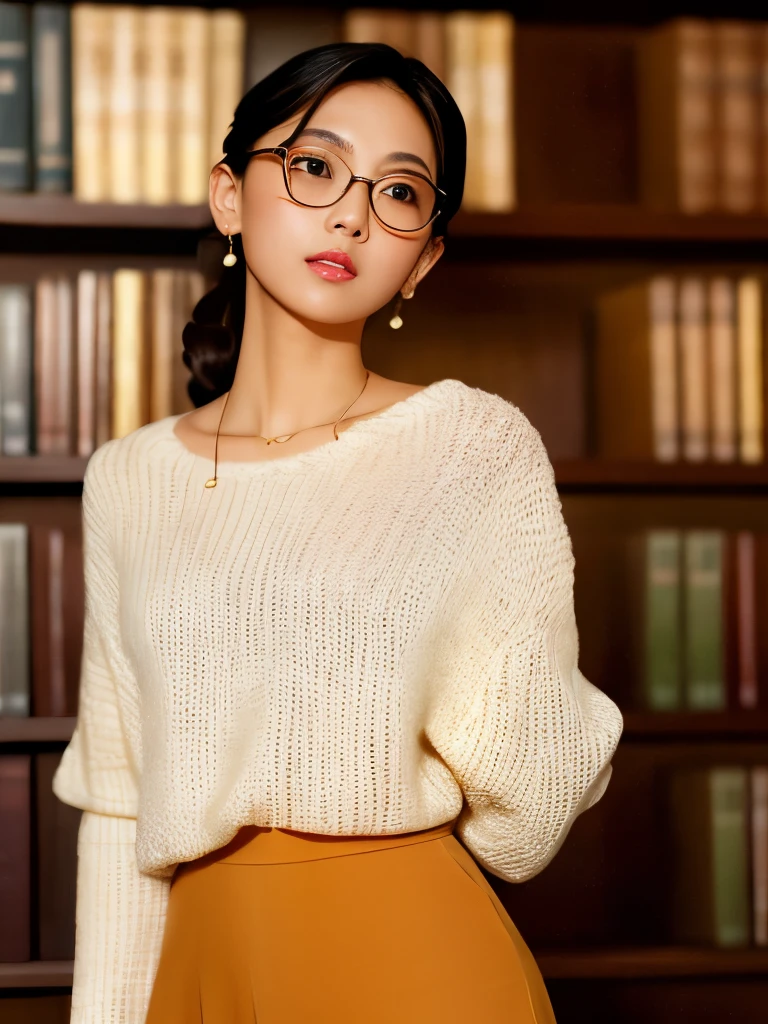 (8k, RAW photo, best quality, masterpiece), (photo realistic), outstanding details, ultra-high resolution, anatomically correct, textured skin, ((Extremely precise and accurate anatomy)),
1 girl, cowboy Shot, (looking at viewer:1.4) ,
beautiful Japanese woman, librarian arranging books in the library,
(light smile:0.95),
(low chignon:1.4), (Rimless glasses),
(light makeup) ,
dark brown hair, Forehead, BREAK,
white simple summer sweater, BREAK,
simple cotton Light brown flared skirt,
Earrings, Necklace,
golden,
(background Spacious library interior, bookshelves),
(backlighting),
reflection light from below,
atmospheric perspective, depth of field,
(dramatic lighting), cinematic lighting,