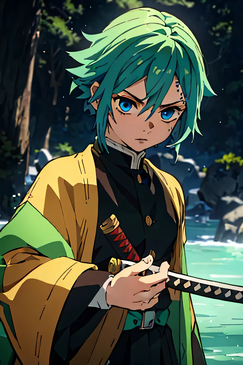 A detailed, mute green hair and striking black highlights, dressed in the style of the Demon Slayer anime, blue clothes, holding a katana sword, beautiful blue detailed eyes, extremely detailed eyes and face, intricate hairstyle, portrait, highly detailed, 8k, photorealistic, cinematic lighting, vibrant colours, dramatic atmosphere, fantasy concept, male, early 20s, calm, water, neutral face, calm attitude 