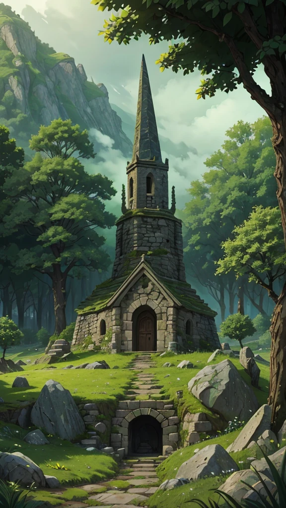 contemporary landscape, medieval village, stone building, stone temple in middle, viking burial mound, cracked stones, green foliage, green bushes, green grass, green moss, forest, smoke, mist, mysterious atmosphere, lone wonderer, flapping cloak