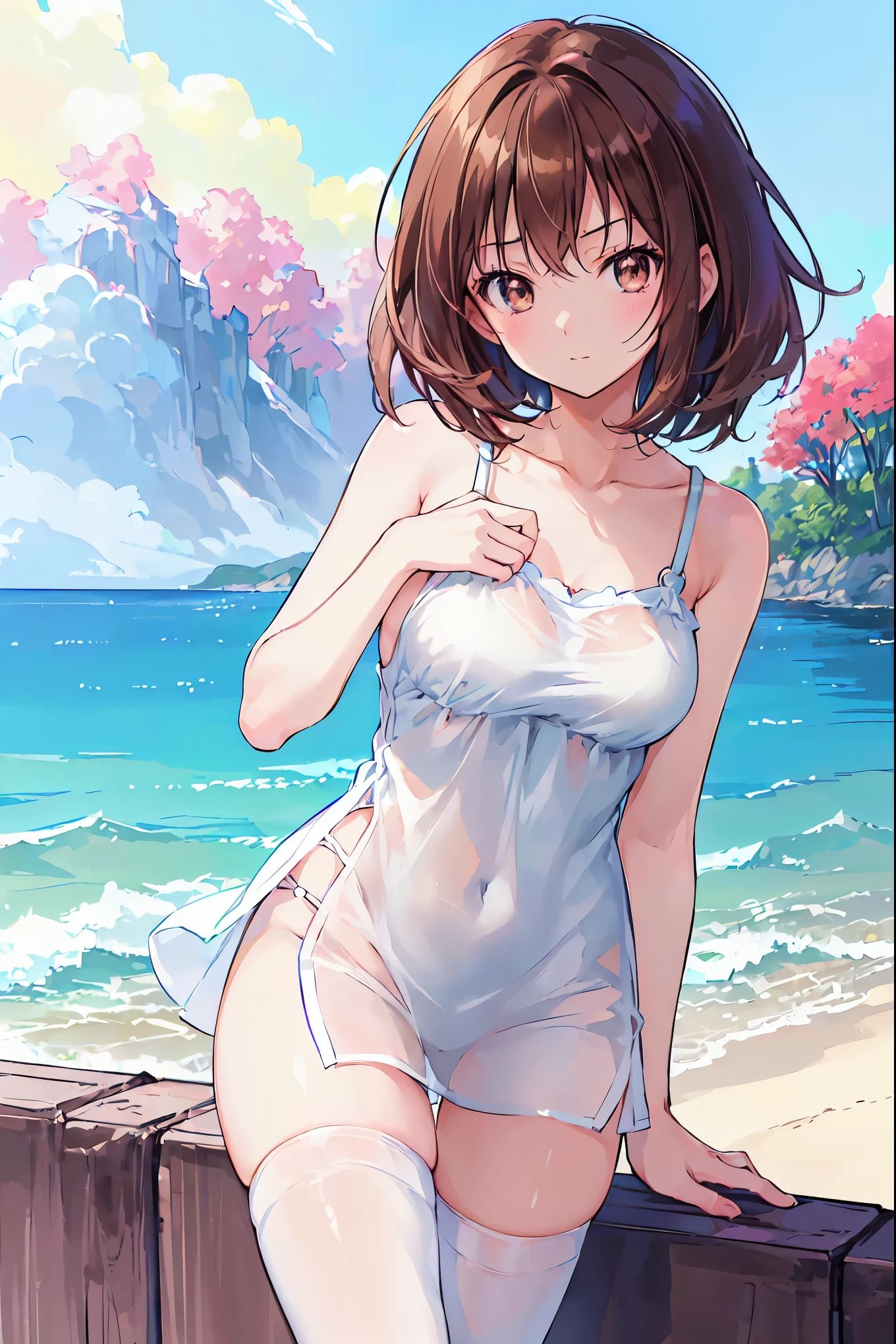 Random patterned swimsuit、Random Swimsuit、Swimsuits in random colors、Random pose、、Acme Face、Random pose、, Pale red eyes、Semi-long hair、Chestnut Hair、Sandy Beach、、、nsfw、Highest quality、1 girl、solo、Ocean、Sexy pose、Random pose、Blushing、Wet、Embarrassed、I can see half of my 、、One Piece Swimwear、(Strap slip:1.3)、Swimsuits in random colors、Swimwear