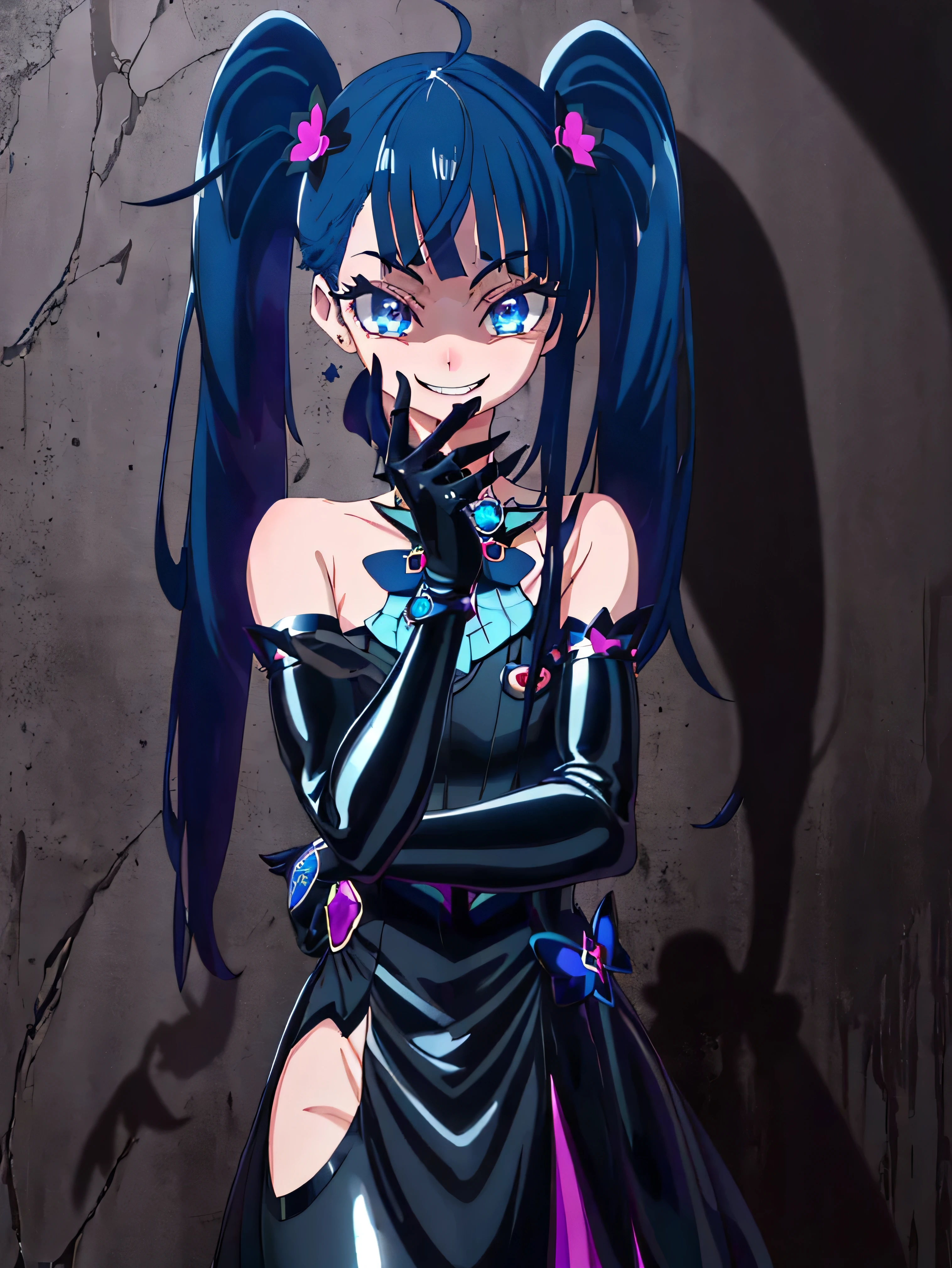 Highest quality, Very detailed,One Girl, alone, {cure_null_hirogarunullprecure:1.15}, Dark blue hair, blue eyes, Blue flames in the eyes, Long Hair, Twin tails, Magical girl, bangs, Open your mouth, Redhead, multicoloRedhead, One Girl, blunt bangs, Darken your clothes, hair ornaments, Wicked Smile, devilish aura (Shiny fabric:1.5), Full Body Shot, Purple Gemstone, attractive, blush, (Beautiful attention to detail:1.6), Very detailed顔, Perfect lighting, Extremely detailed CG, (Perfect hands, Perfect Anatomy), devil, black color scheme, Shiny material, Grin, Black ribbon, black satin gloves, Evil clover leaf ornament, Black frills, jewelry, corruption, Latex Gloss, Black Gothic Cape, Wicked Smile,(Spooky world)))), (((Horror World))) ,((masterpiece)), ((Highest quality)), ((Very detailed)), (figure), ((Very delicate and beautiful)), , cloudy null, CG Style, One-sided black wing,Dark Shadow Face,Sadistic smile,Malice,Contempt,smile,black,Perfect hands,Perfect body,shiny latex Elbow full gloves,Perfect face,A somewhat crazy smile and a powerful black aura,(Dark and scary atmosphere,Gothic Fashion,Dark colors),(Shrouded in darkness, Wall Background, black background, Shadow, Extreme darkness:2.0)