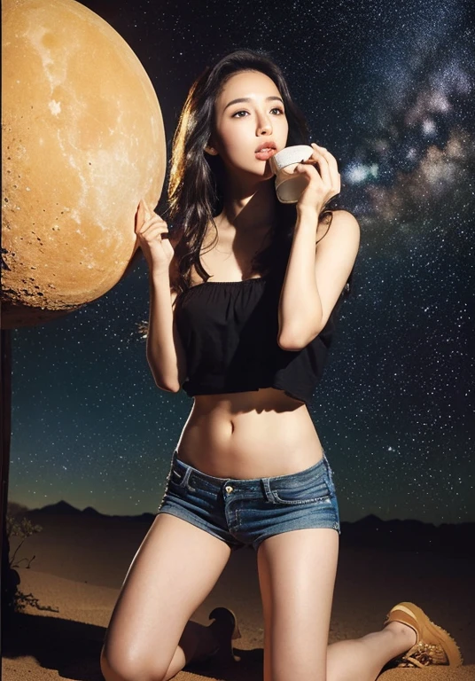 (smile)、(((Staring at the audience)))、((Wearing a space suit standing on the moon)),((White bikini shorts))、wear spacesuits, 白いDressed in an astronaut costume, Cute girl in a tank top, girl in space, In space, (((Dressed in an astronaut costume))), woman astronaut, ((Open stance on the moon))、((Sexy young woman&#39;s body:1.4))、(dance)、Large bust、

