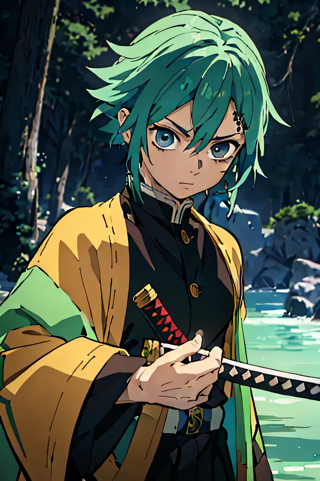 A detailed, mute green hair and striking black highlights, dressed in the style of the Demon Slayer anime, blue clothes, holding a katana sword, beautiful blue detailed eyes, extremely detailed eyes and face, intricate hairstyle, portrait, highly detailed, 8k, photorealistic, cinematic lighting, vibrant colours, dramatic atmosphere, fantasy concept, male, early 20s, calm, water, neutral face, calm attitude 